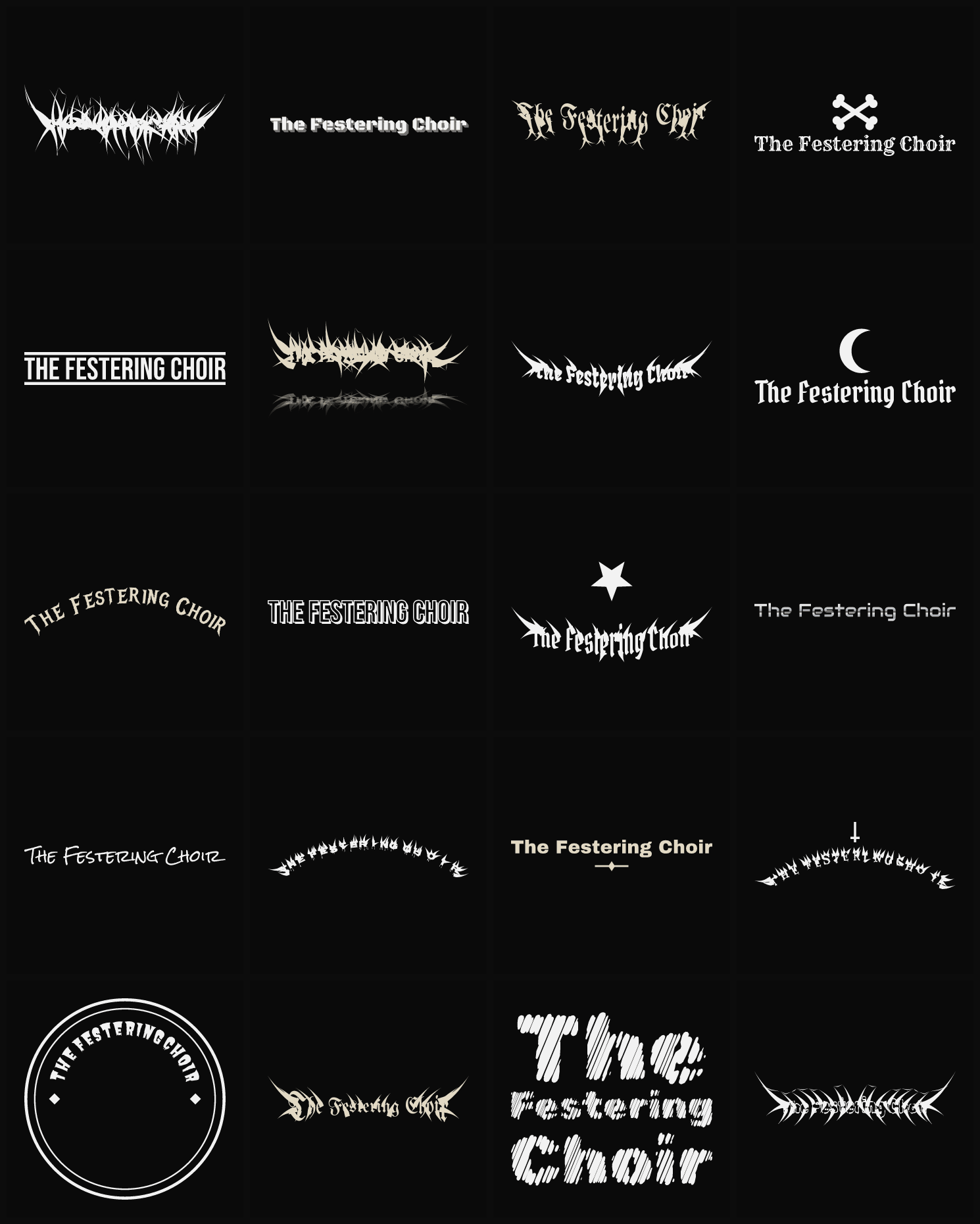 Twenty The Festering Choir band logo ideas — different faces, treatments and spike settings