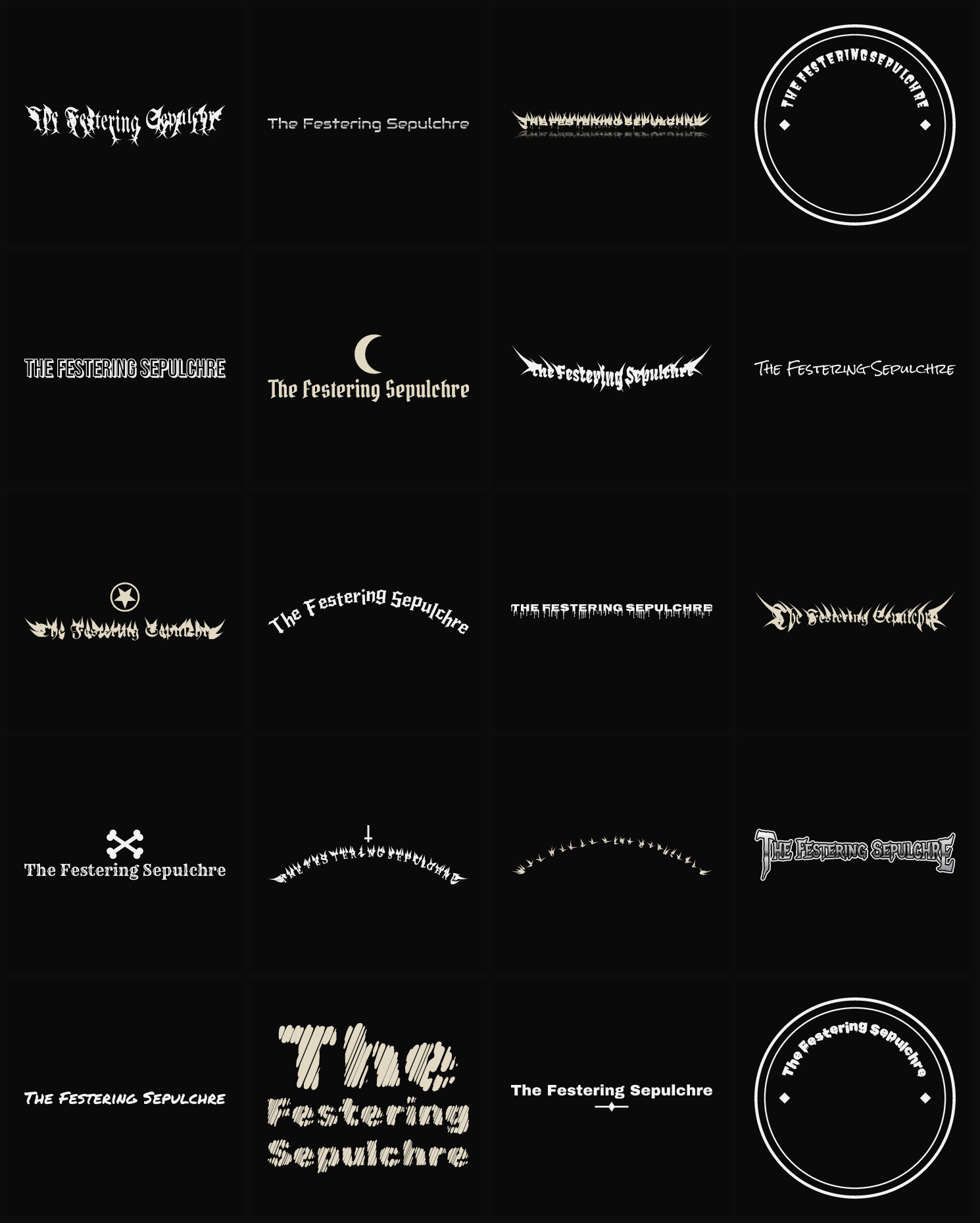 Twenty The Festering Sepulchre band logo ideas — different faces, treatments and spike settings