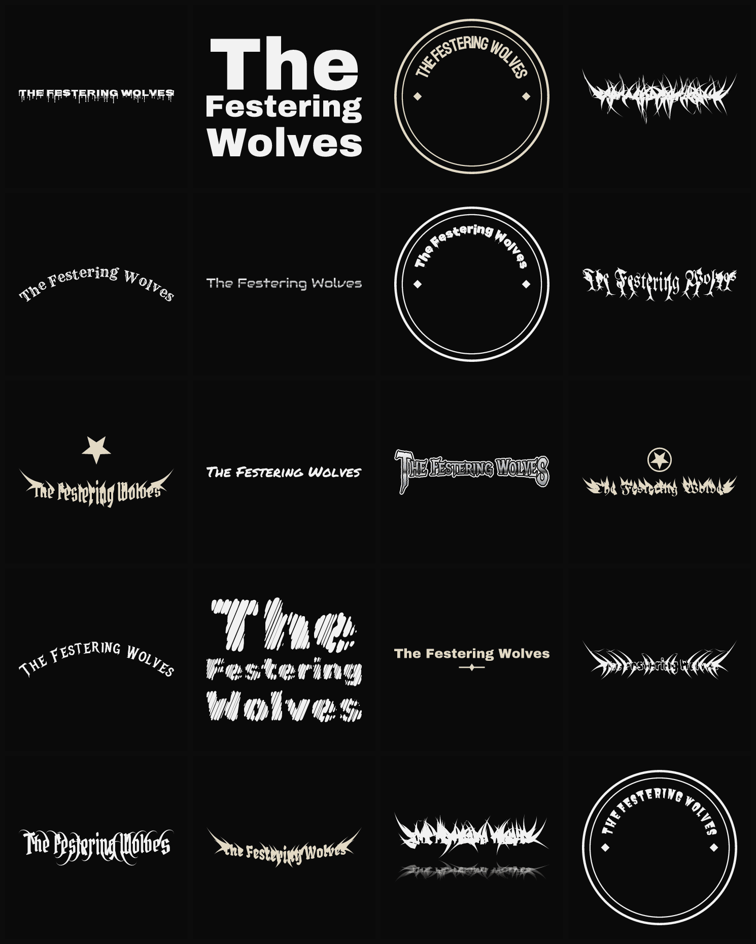 Twenty The Festering Wolves band logo ideas — different faces, treatments and spike settings