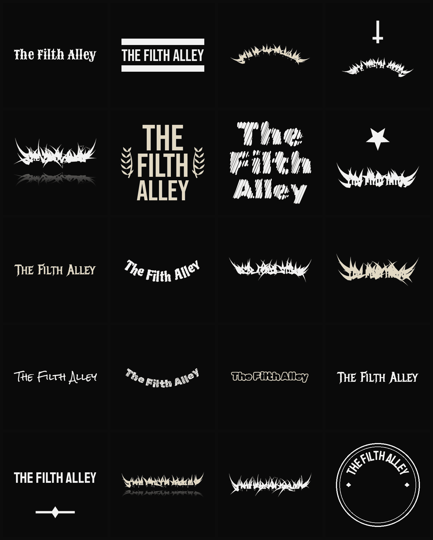 Twenty The Filth Alley band logo ideas — different faces, treatments and spike settings