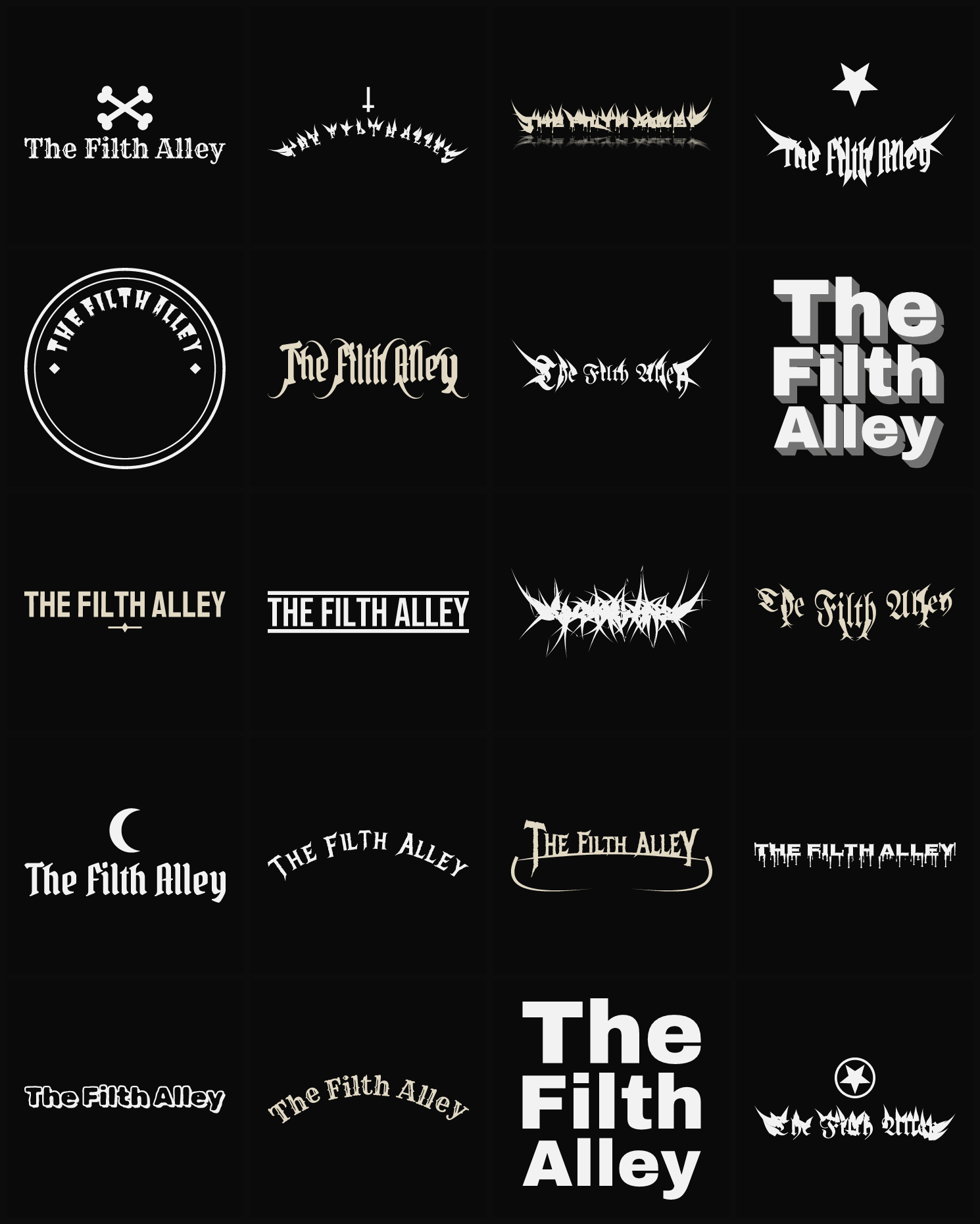 Twenty The Filth Alley band logo ideas — different faces, treatments and spike settings