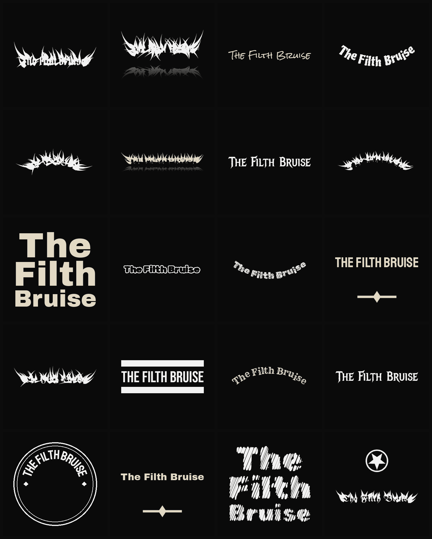 Twenty The Filth Bruise band logo ideas — different faces, treatments and spike settings