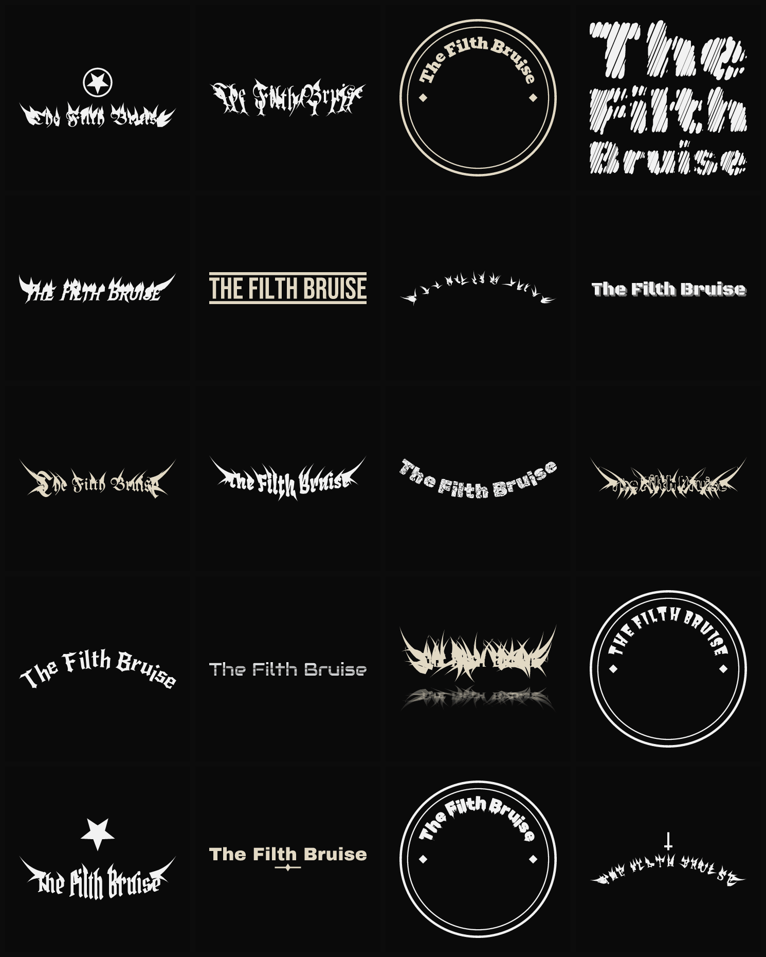 Twenty The Filth Bruise band logo ideas — different faces, treatments and spike settings