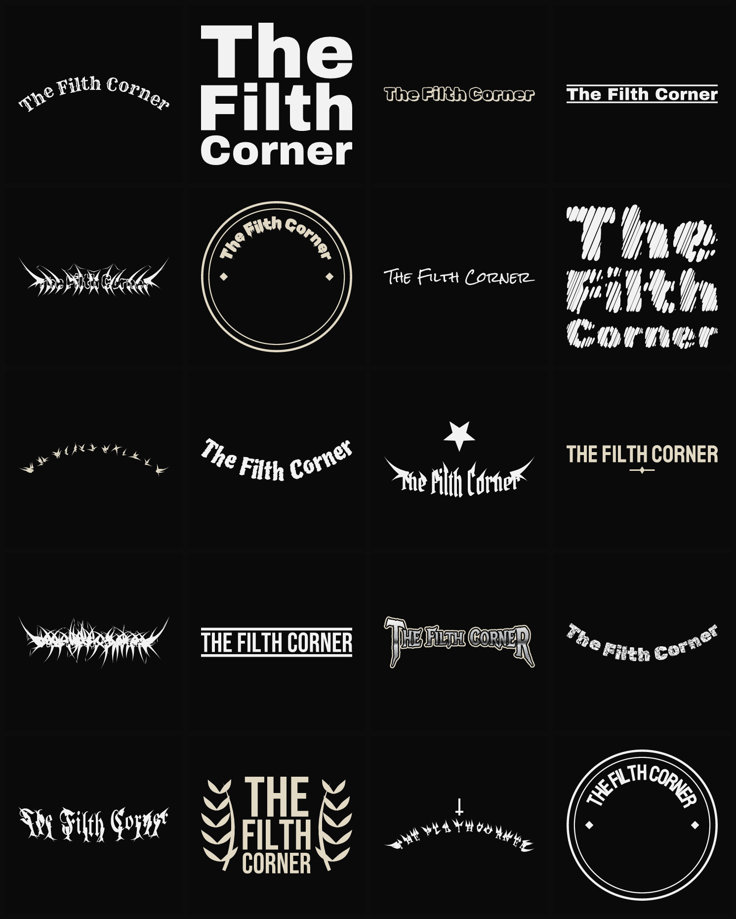 Twenty The Filth Corner band logo ideas — different faces, treatments and spike settings