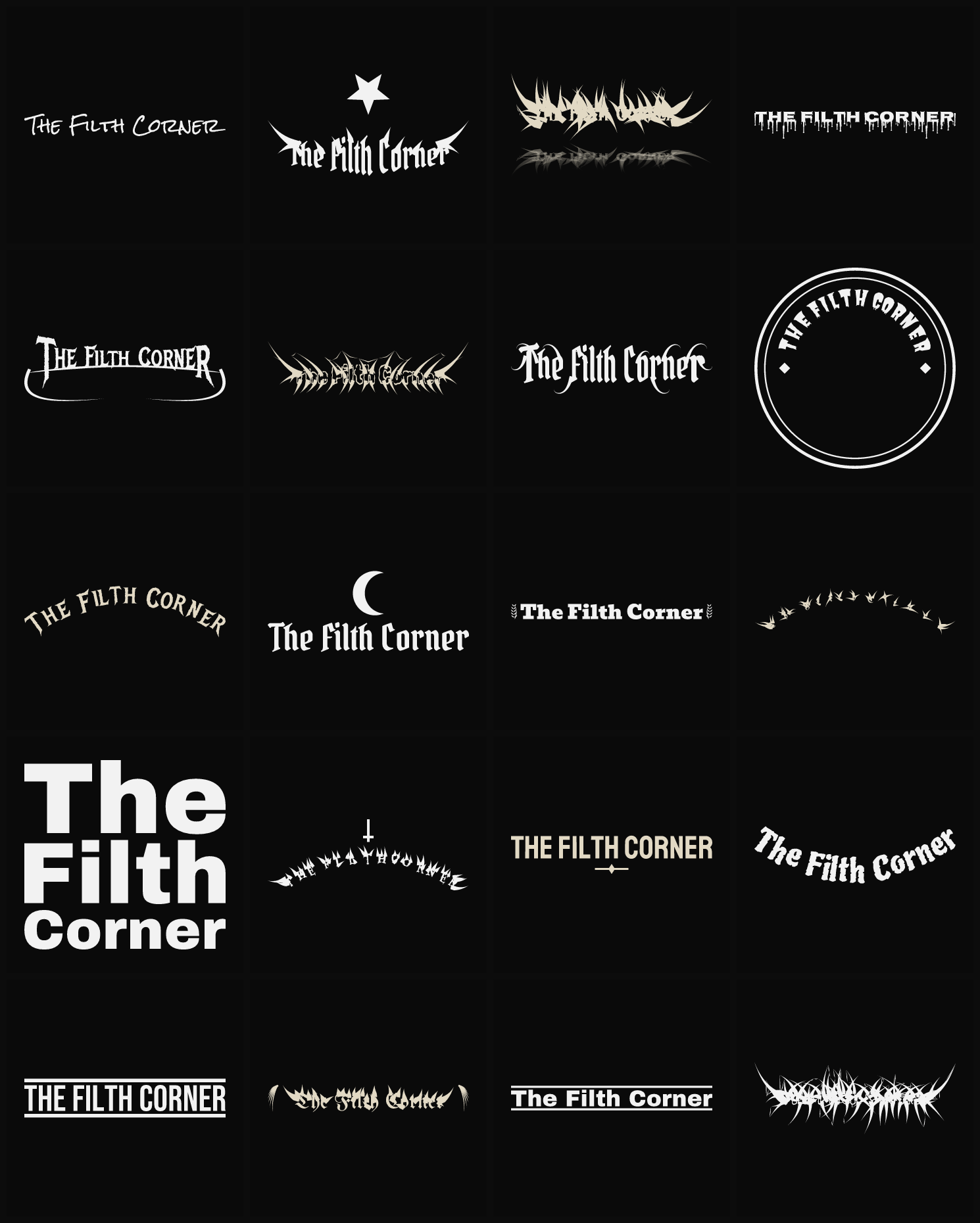 Twenty The Filth Corner band logo ideas — different faces, treatments and spike settings