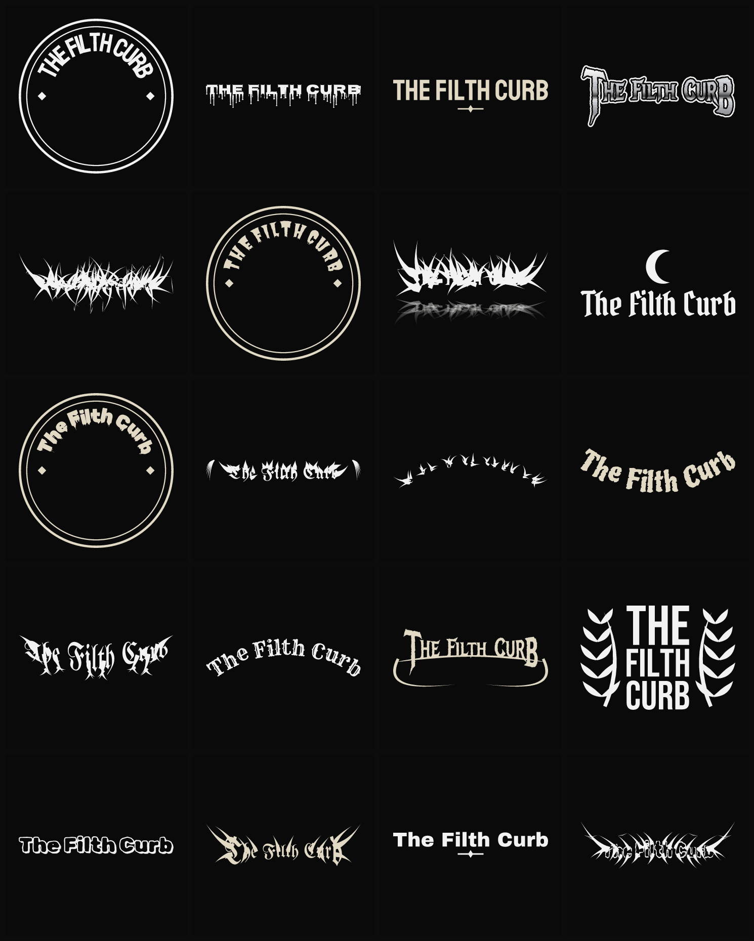 Twenty The Filth Curb band logo ideas — different faces, treatments and spike settings