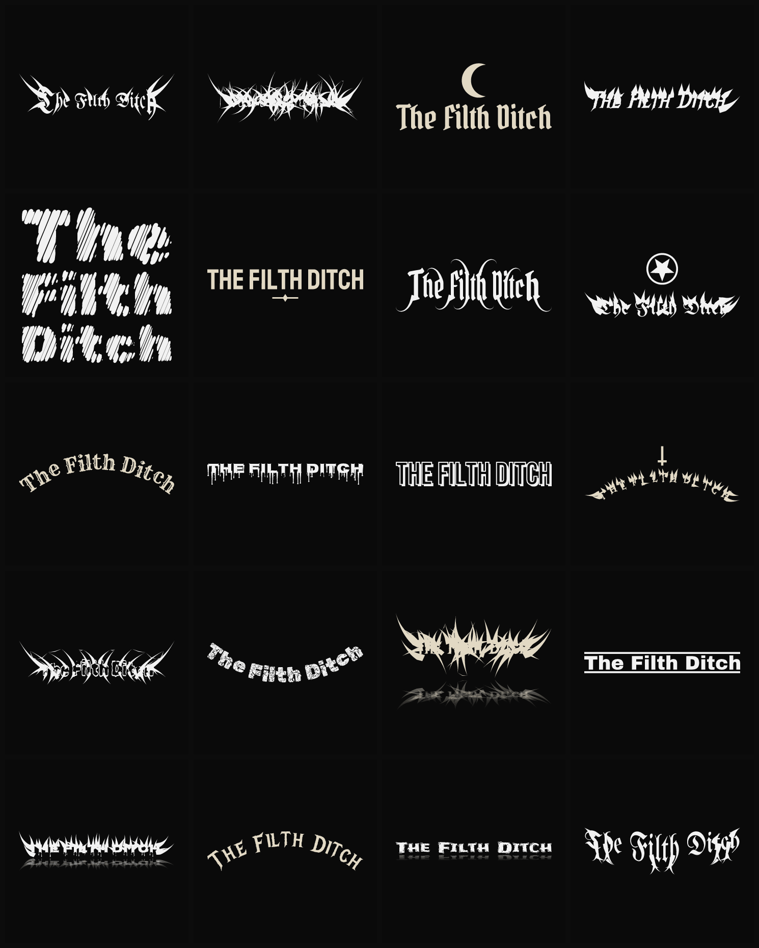 Twenty The Filth Ditch band logo ideas — different faces, treatments and spike settings