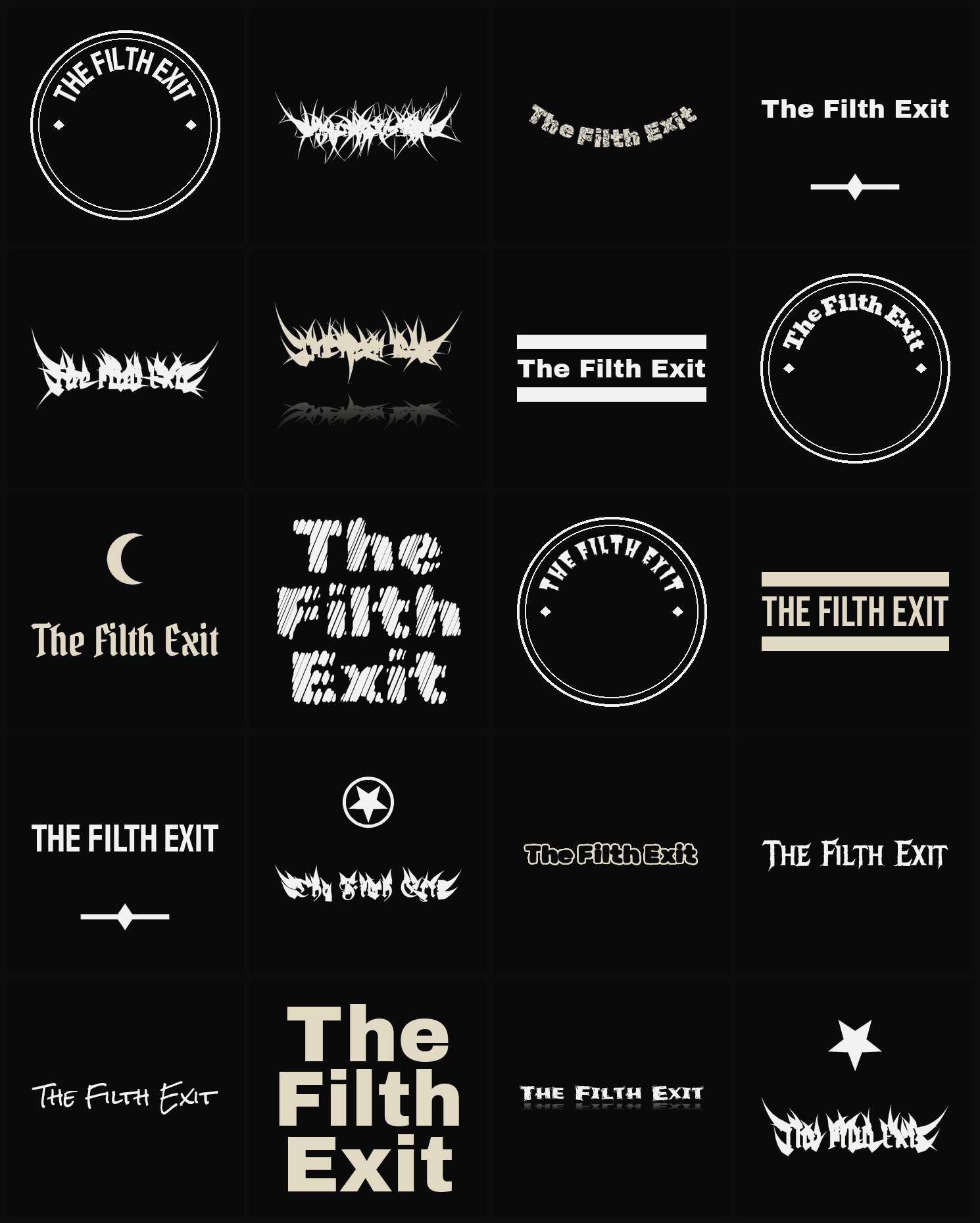 Twenty The Filth Exit band logo ideas — different faces, treatments and spike settings