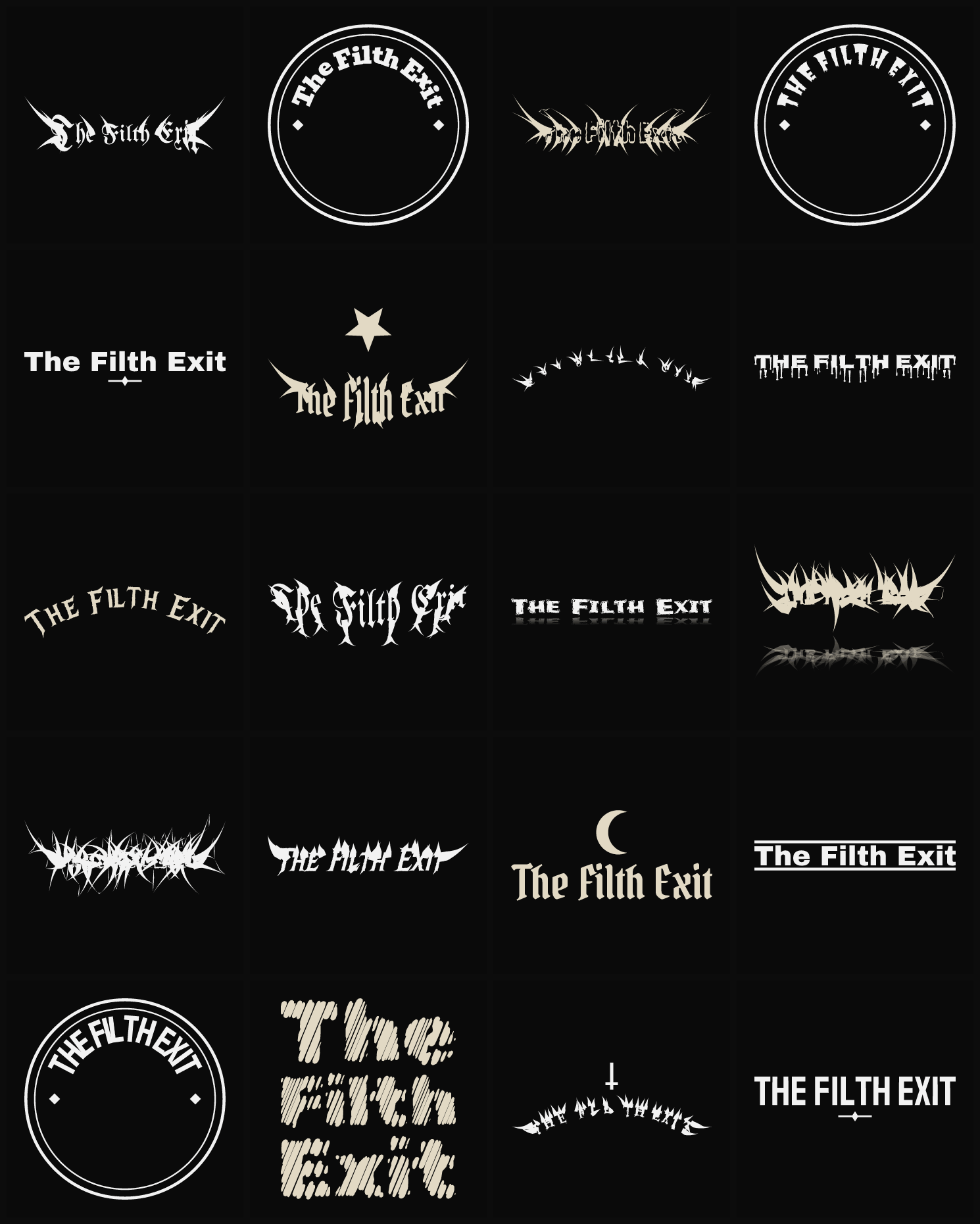 Twenty The Filth Exit band logo ideas — different faces, treatments and spike settings