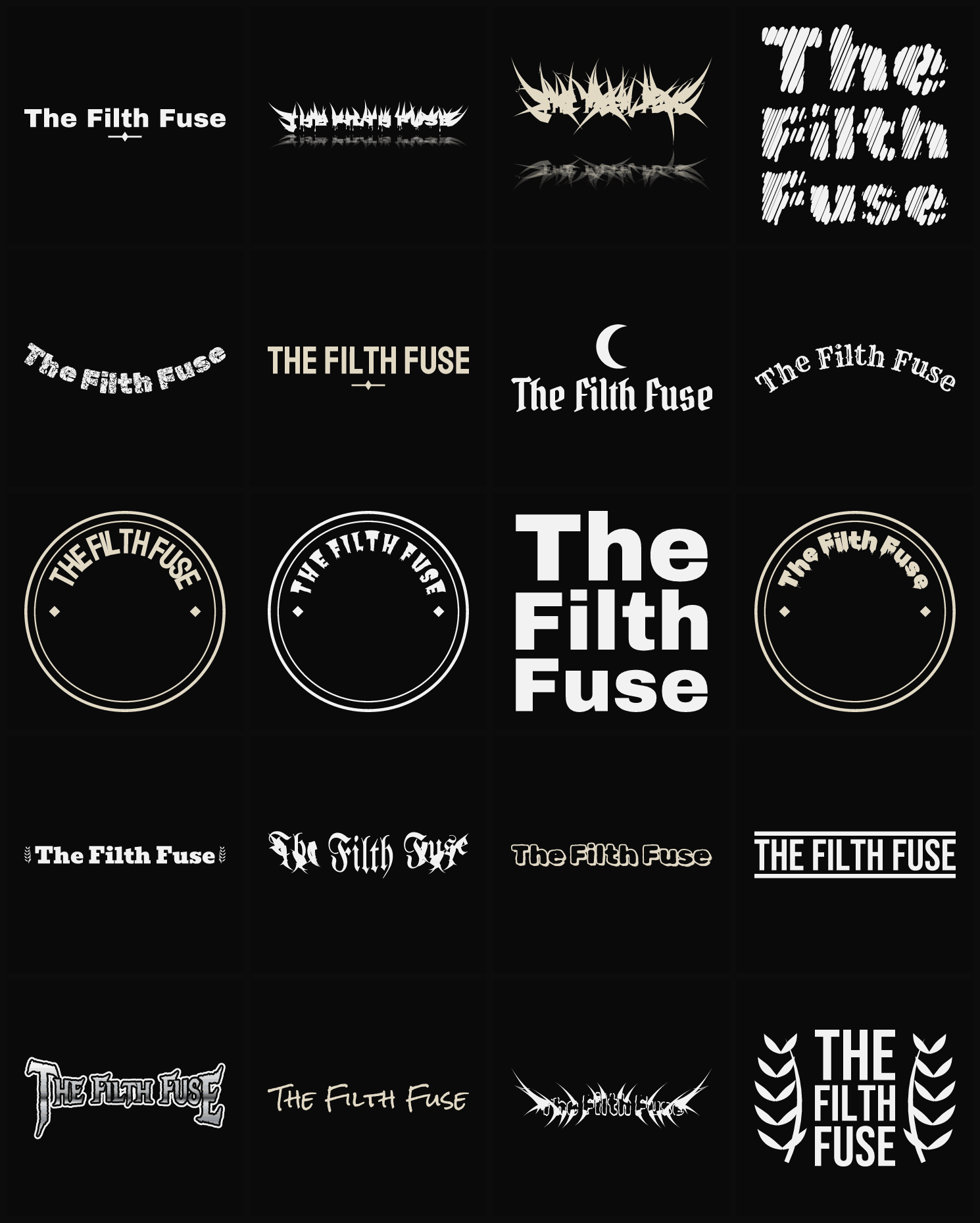 Twenty The Filth Fuse band logo ideas — different faces, treatments and spike settings