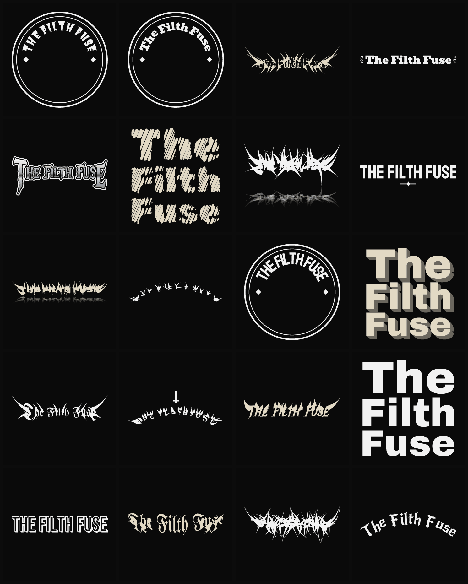 Twenty The Filth Fuse band logo ideas — different faces, treatments and spike settings