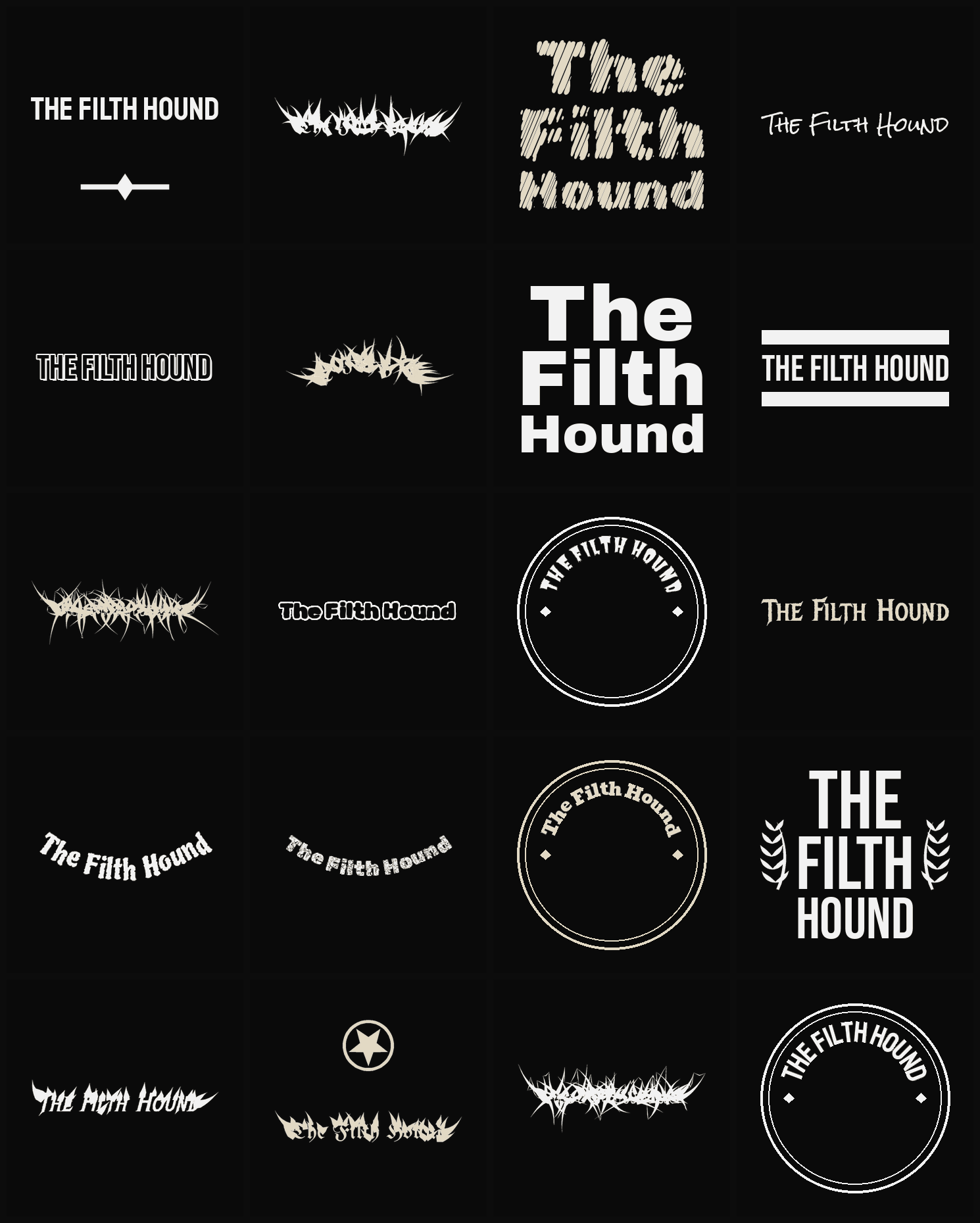 Twenty The Filth Hound band logo ideas — different faces, treatments and spike settings