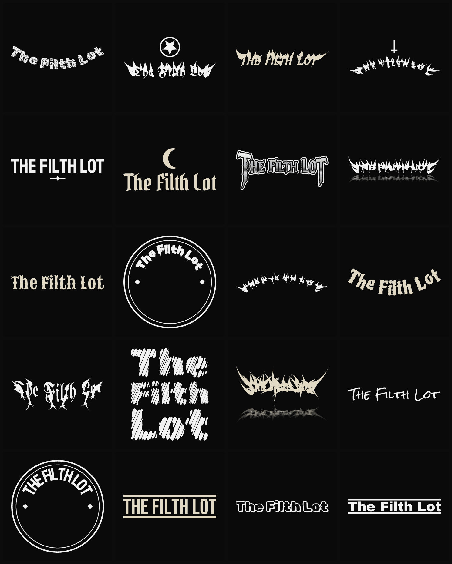 Twenty The Filth Lot band logo ideas — different faces, treatments and spike settings