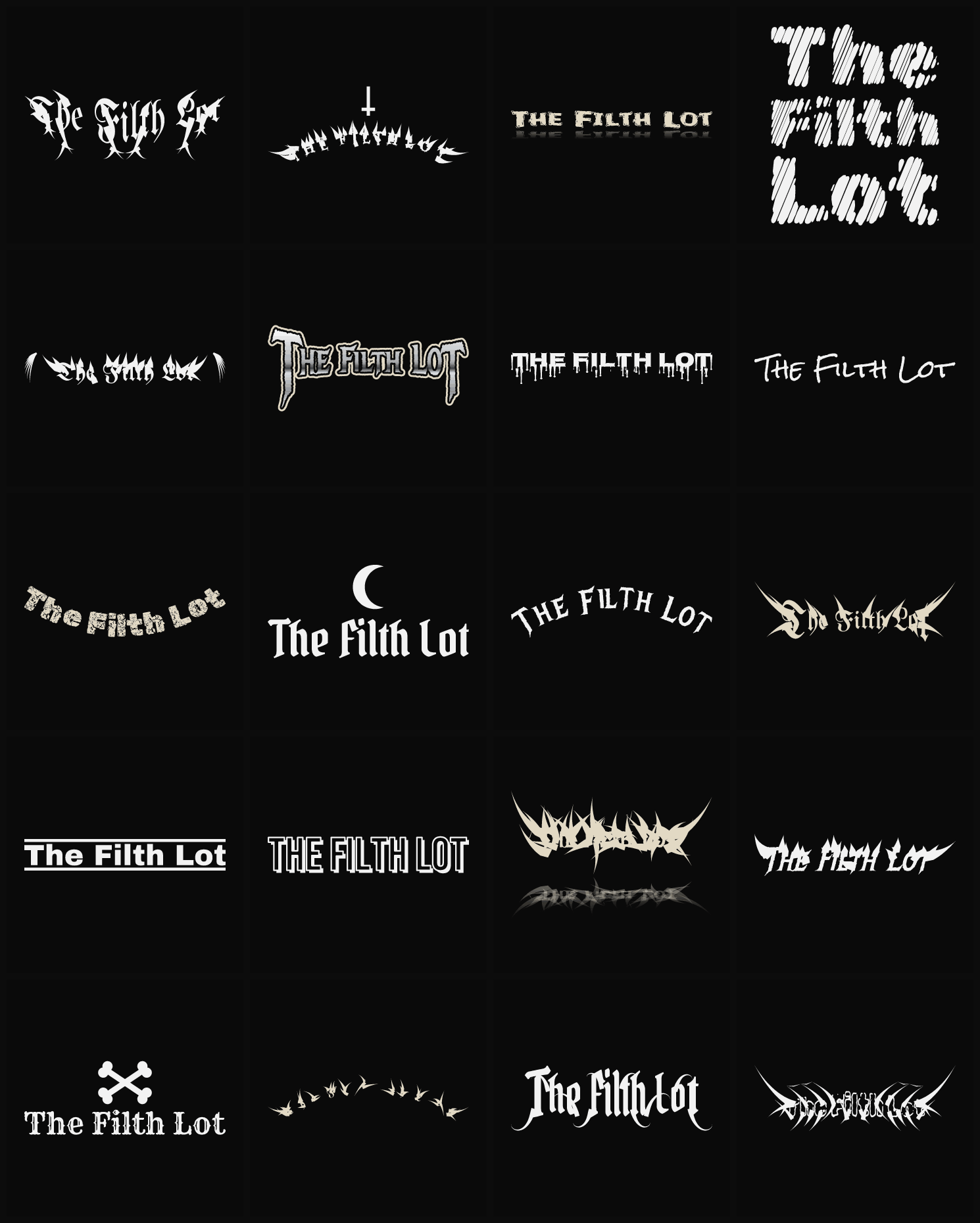 Twenty The Filth Lot band logo ideas — different faces, treatments and spike settings