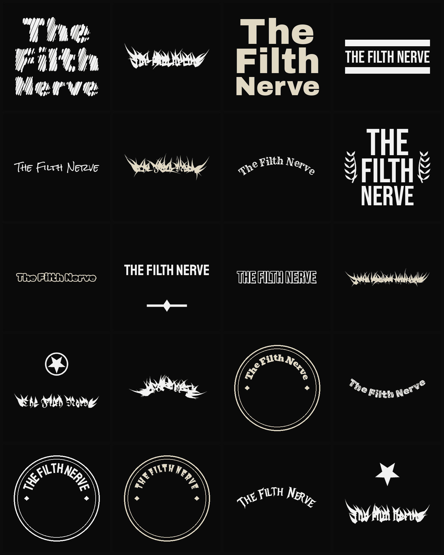 Twenty The Filth Nerve band logo ideas — different faces, treatments and spike settings