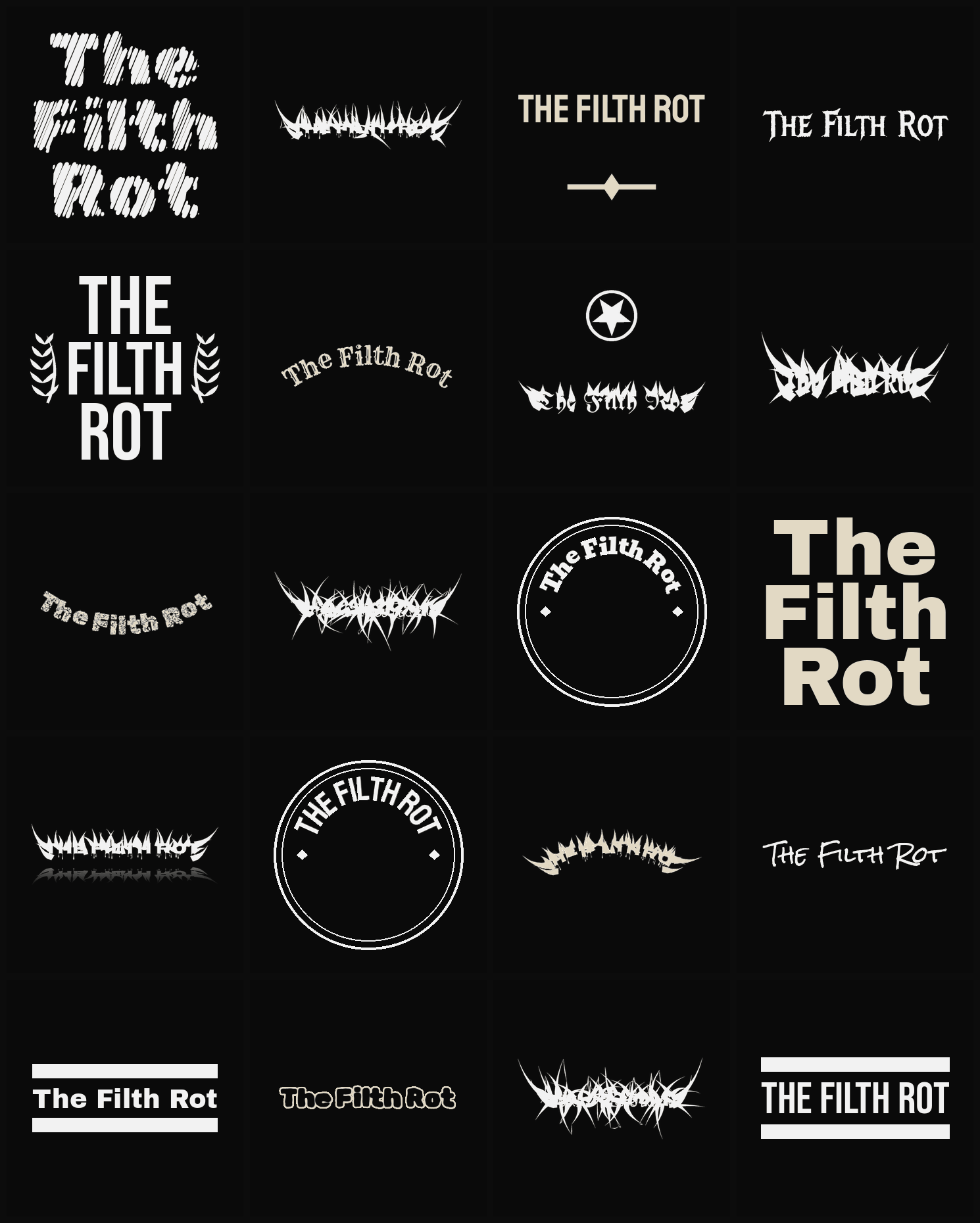 Twenty The Filth Rot band logo ideas — different faces, treatments and spike settings
