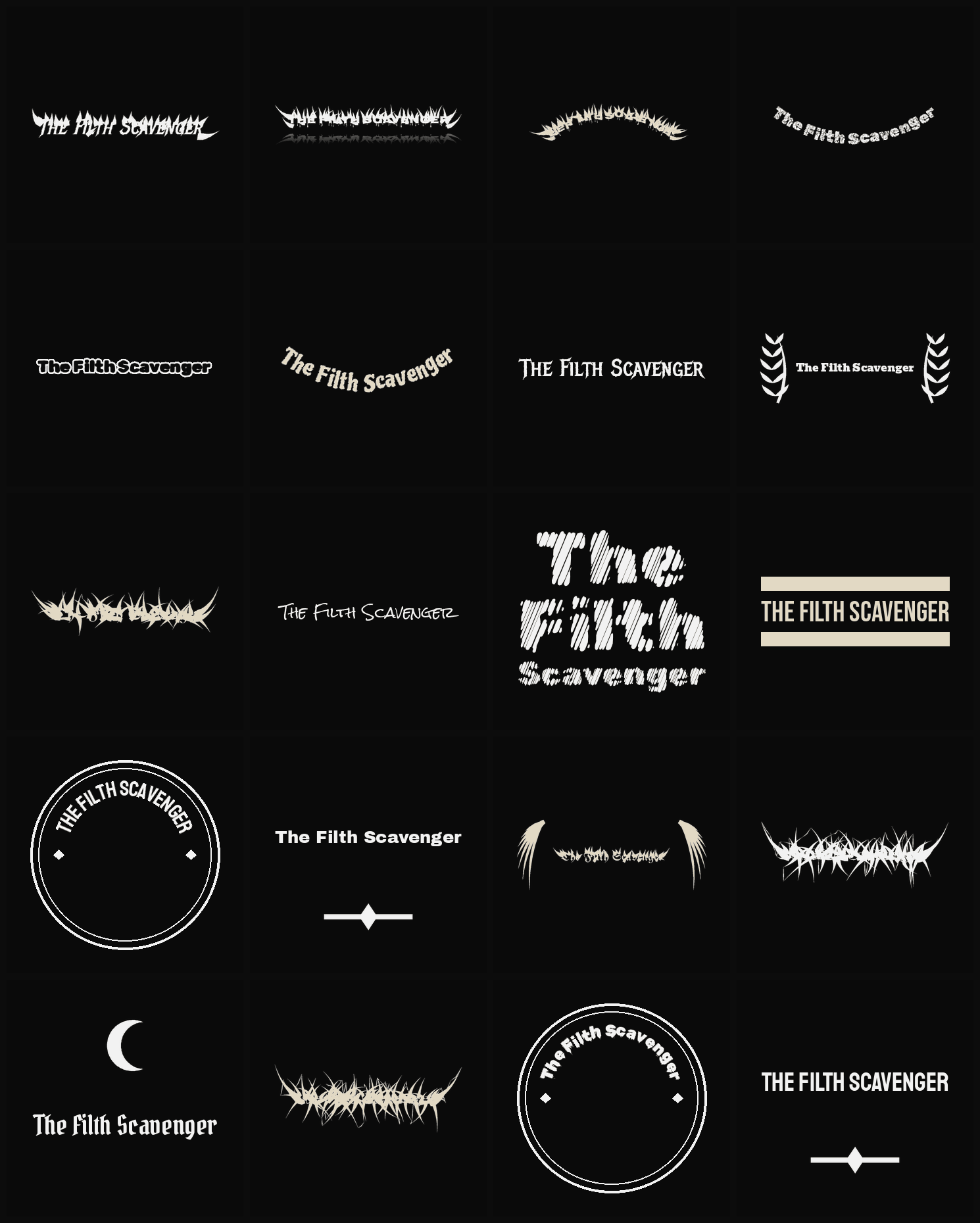Twenty The Filth Scavenger band logo ideas — different faces, treatments and spike settings