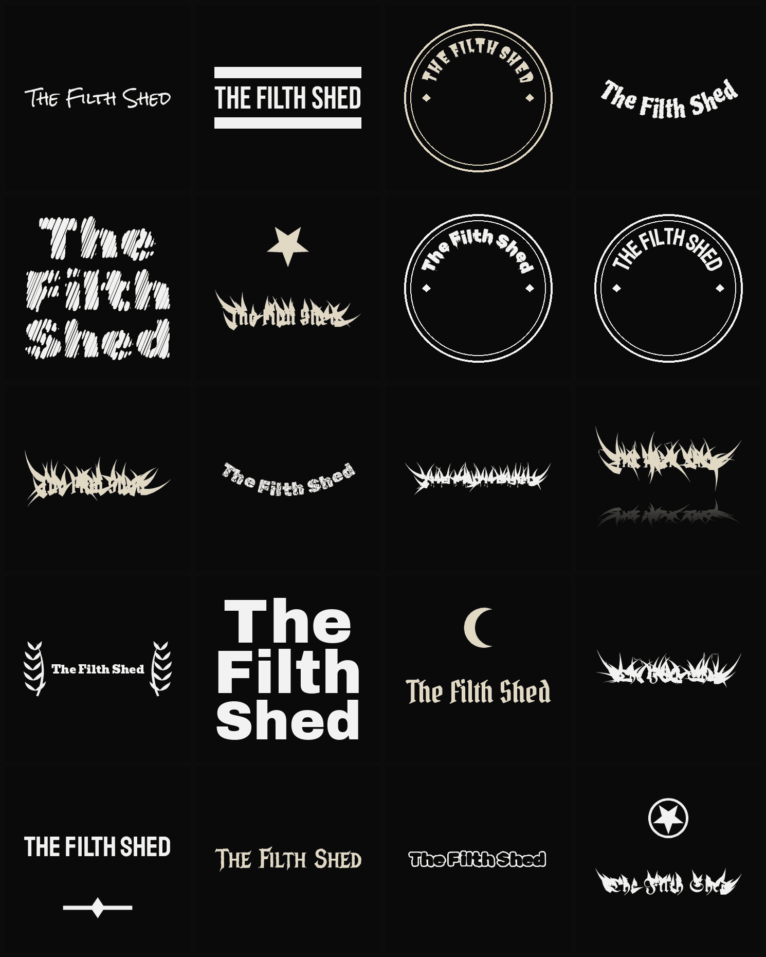 Twenty The Filth Shed band logo ideas — different faces, treatments and spike settings