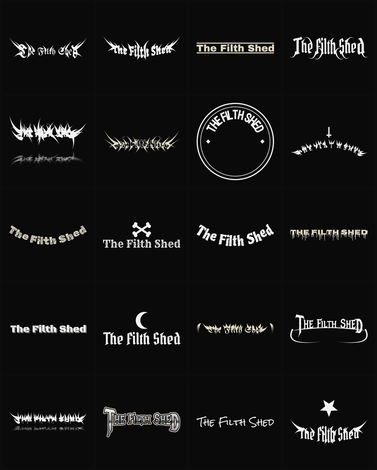 Twenty The Filth Shed band logo ideas — different faces, treatments and spike settings