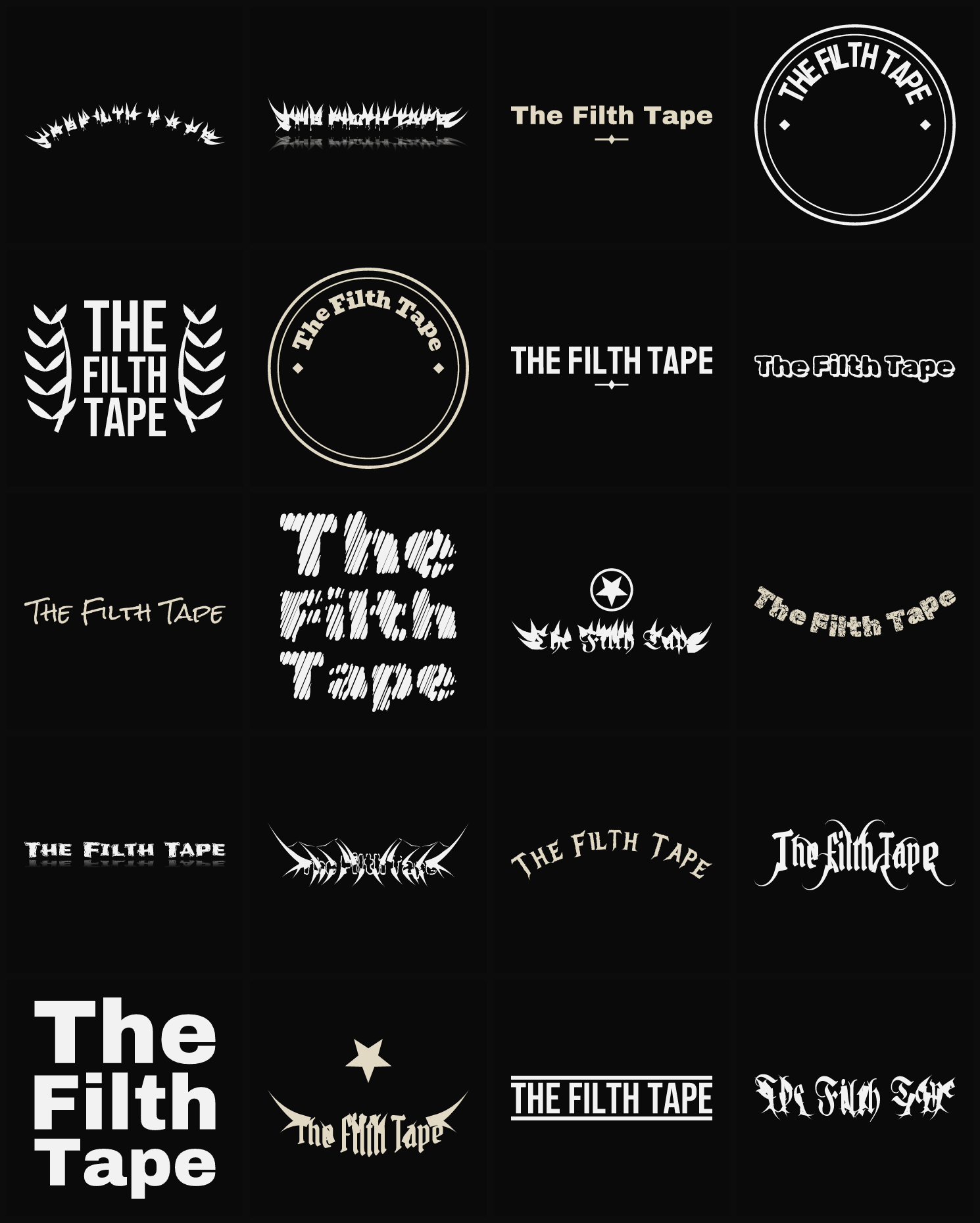 Twenty The Filth Tape band logo ideas — different faces, treatments and spike settings