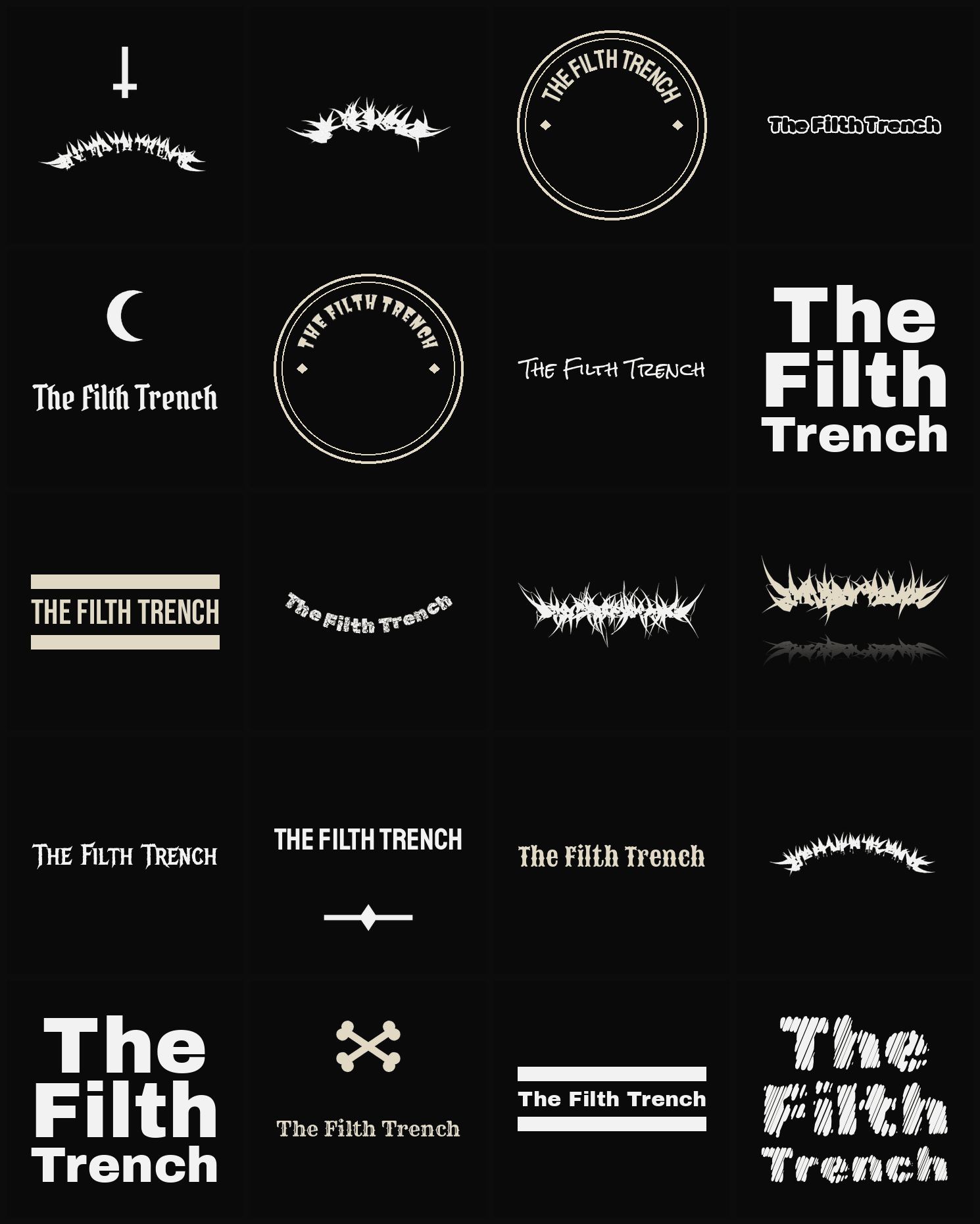 Twenty The Filth Trench band logo ideas — different faces, treatments and spike settings