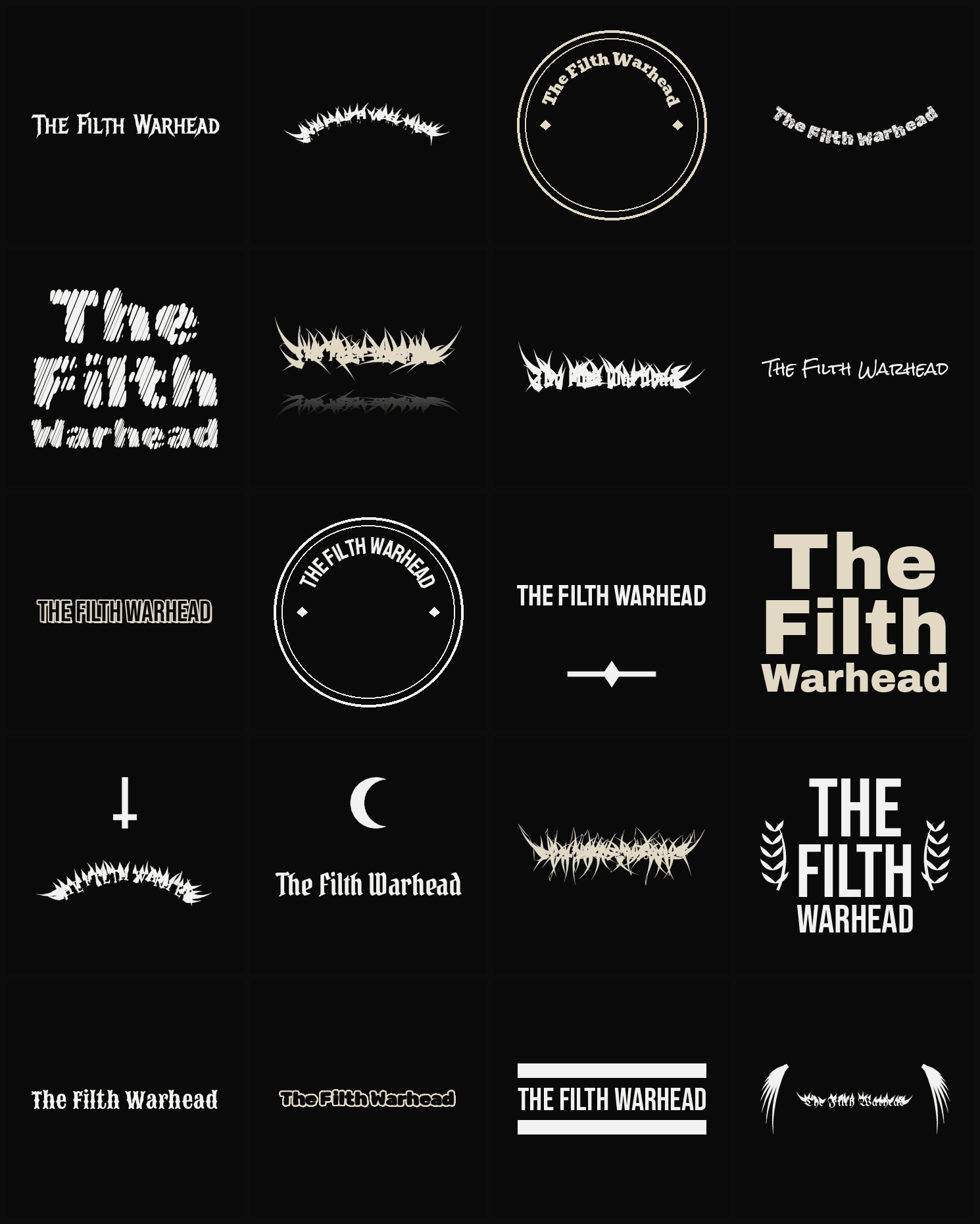 Twenty The Filth Warhead band logo ideas — different faces, treatments and spike settings