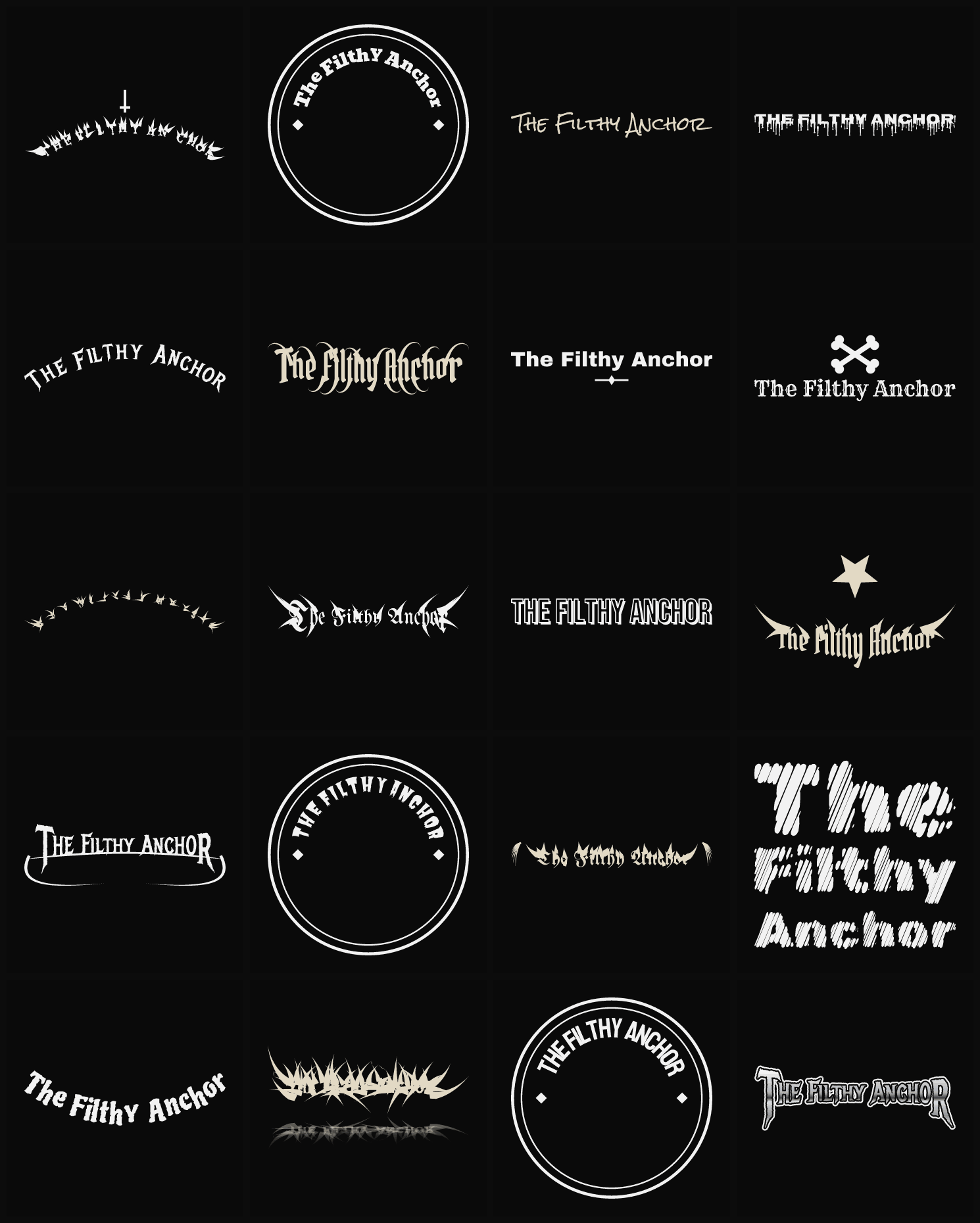 Twenty The Filthy Anchor band logo ideas — different faces, treatments and spike settings