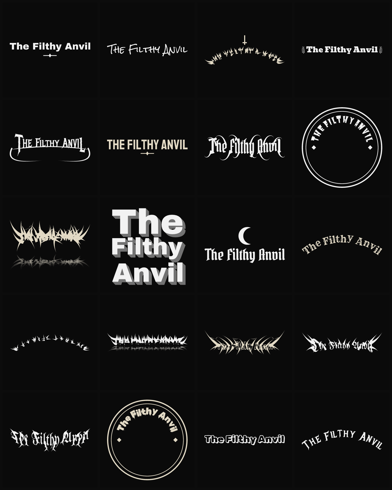Twenty The Filthy Anvil band logo ideas — different faces, treatments and spike settings