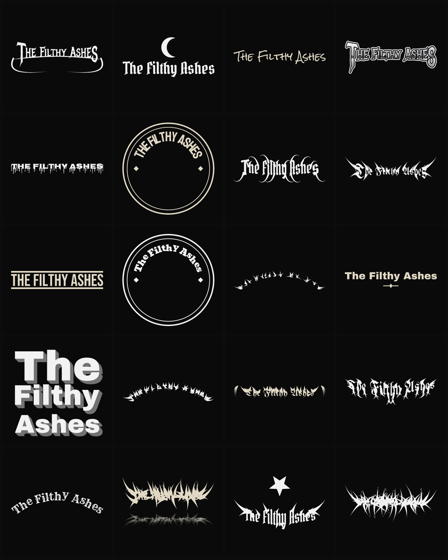 Twenty The Filthy Ashes band logo ideas — different faces, treatments and spike settings