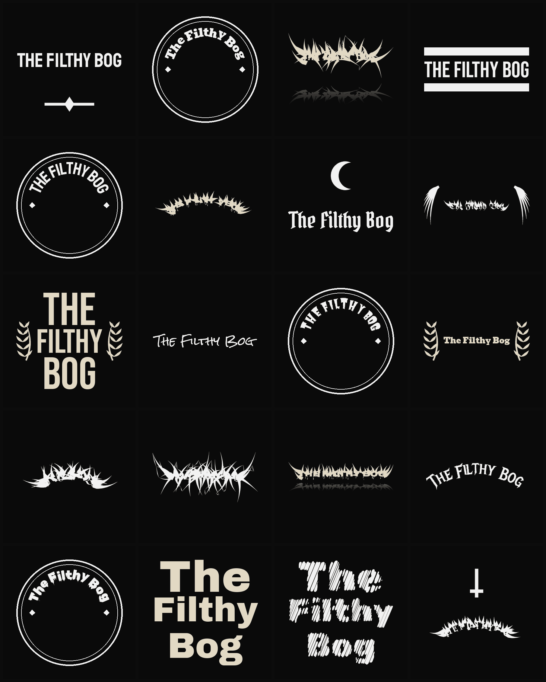 Twenty The Filthy Bog band logo ideas — different faces, treatments and spike settings