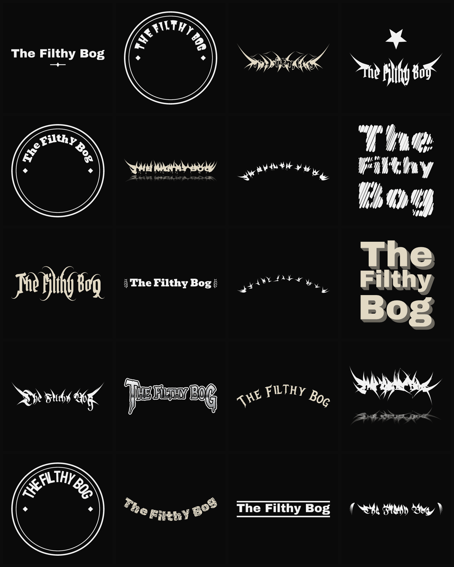 Twenty The Filthy Bog band logo ideas — different faces, treatments and spike settings