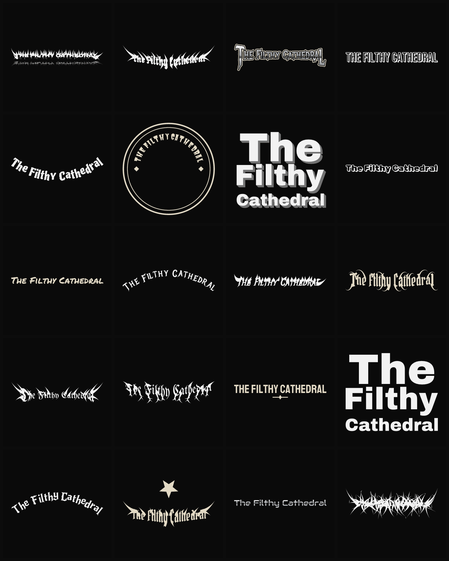 Twenty The Filthy Cathedral band logo ideas — different faces, treatments and spike settings