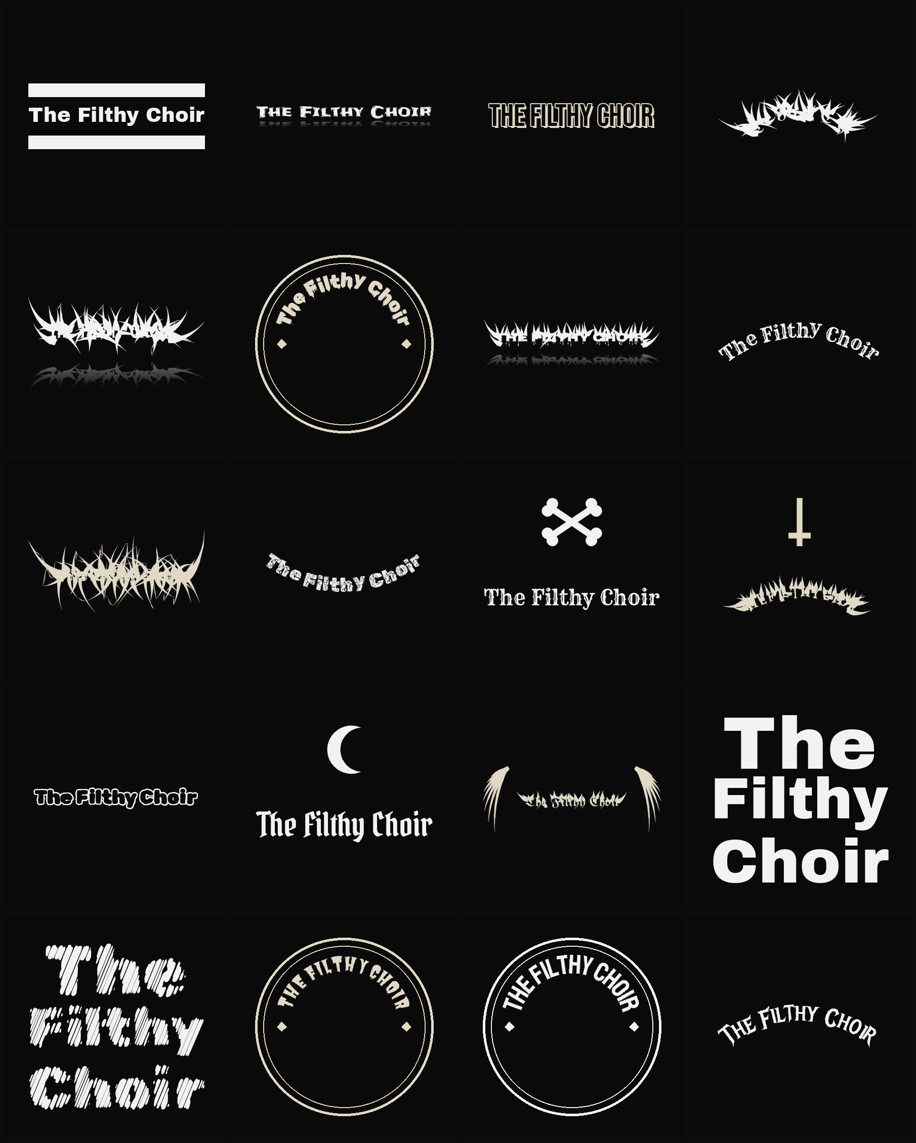Twenty The Filthy Choir band logo ideas — different faces, treatments and spike settings