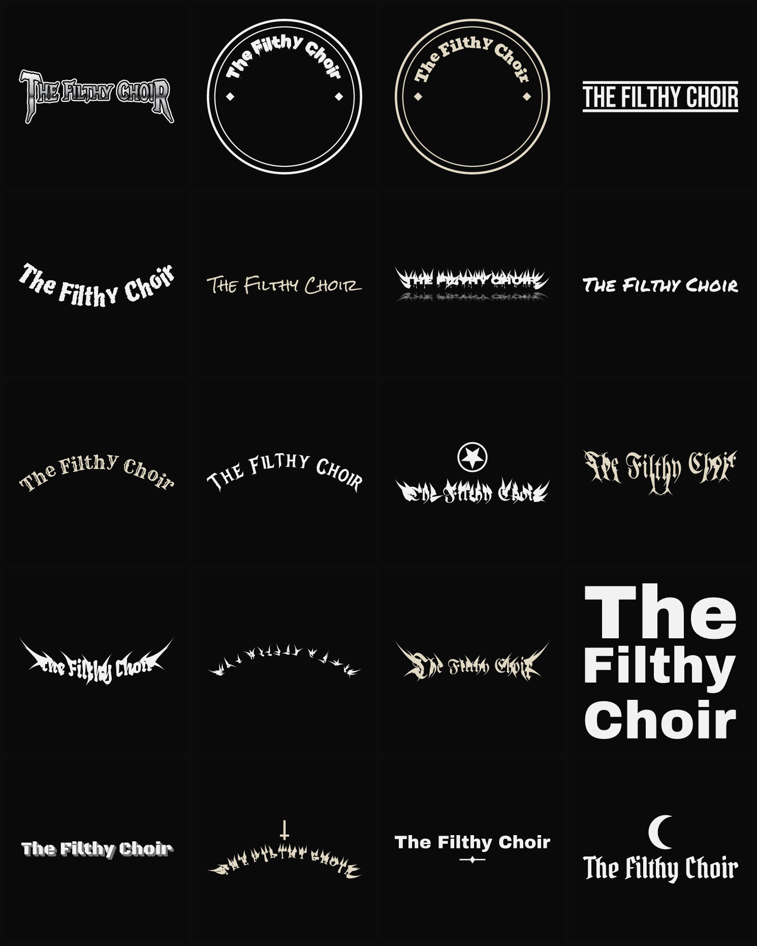 Twenty The Filthy Choir band logo ideas — different faces, treatments and spike settings