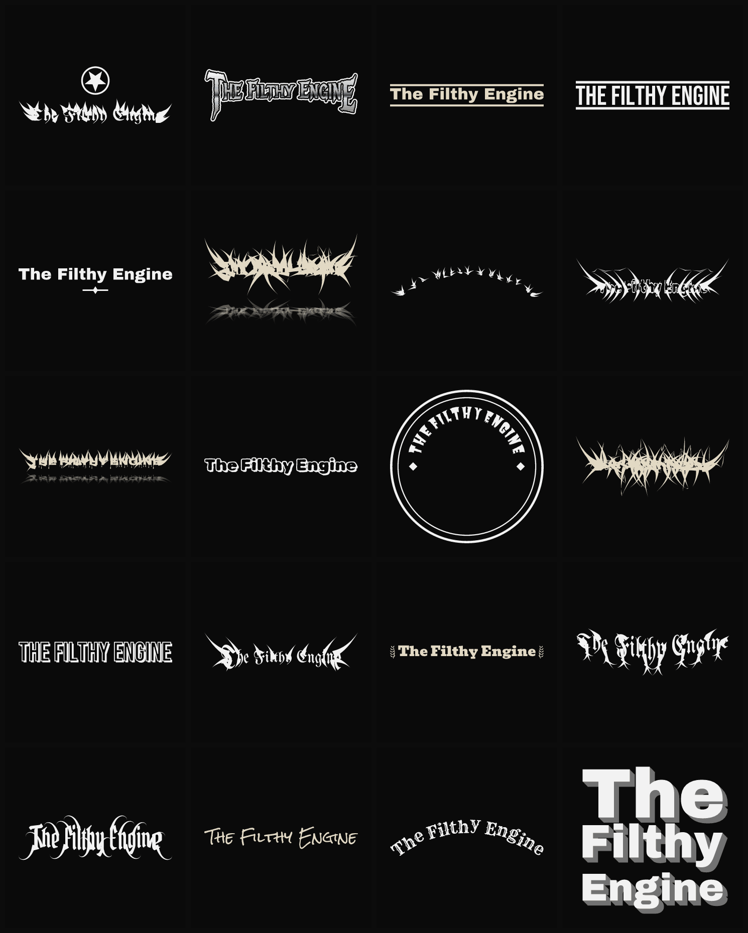Twenty The Filthy Engine band logo ideas — different faces, treatments and spike settings