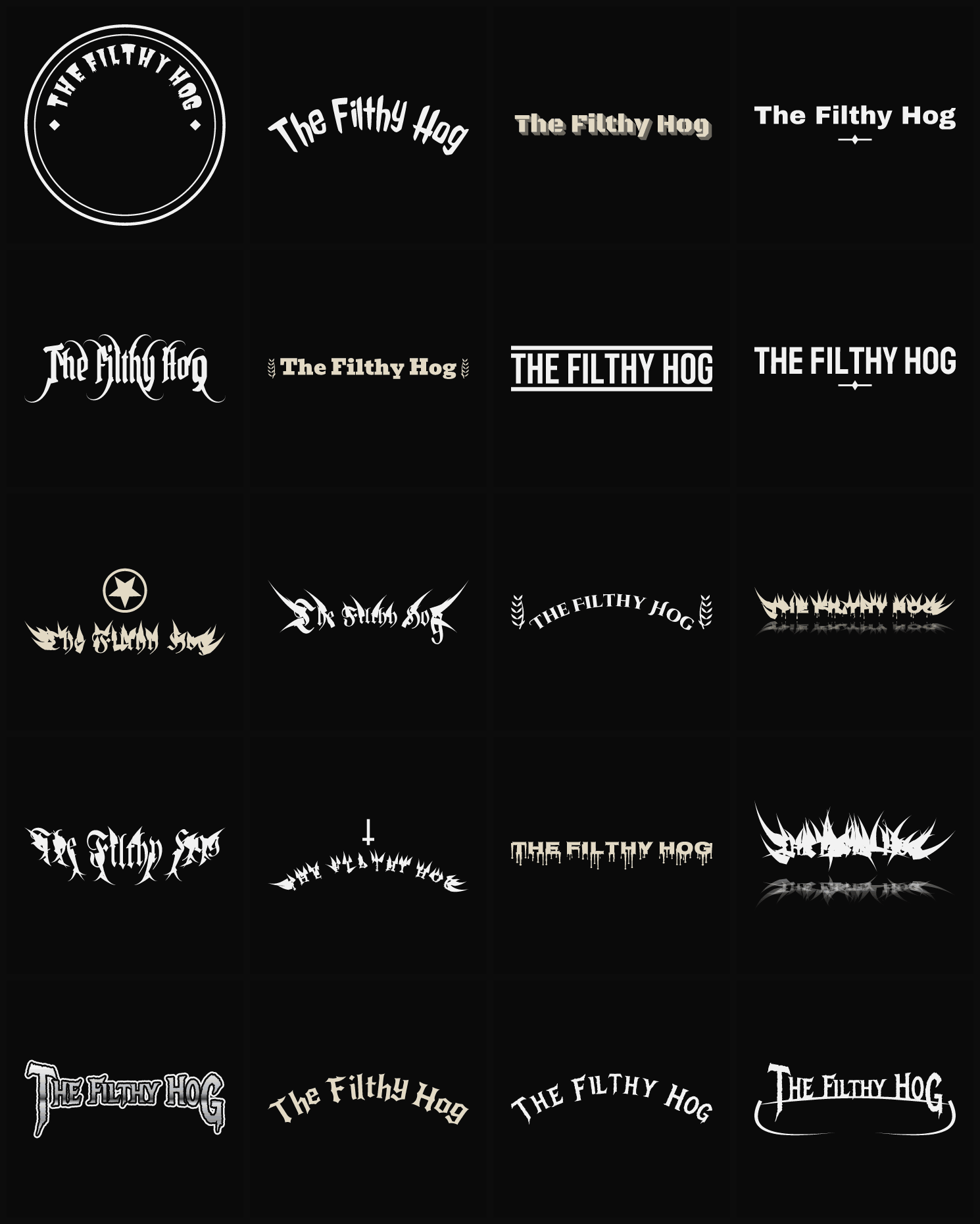 Twenty The Filthy Hog band logo ideas — different faces, treatments and spike settings