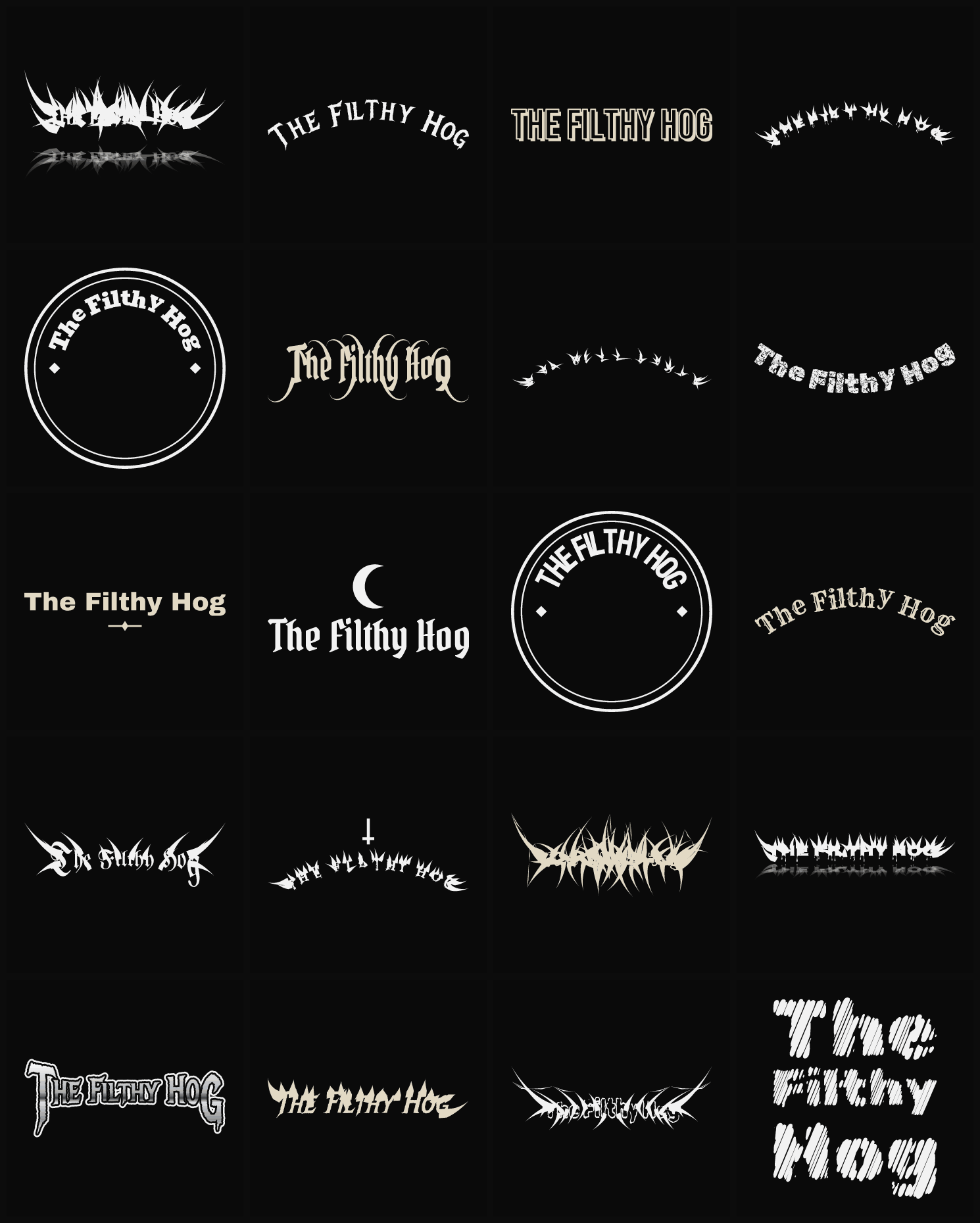 Twenty The Filthy Hog band logo ideas — different faces, treatments and spike settings