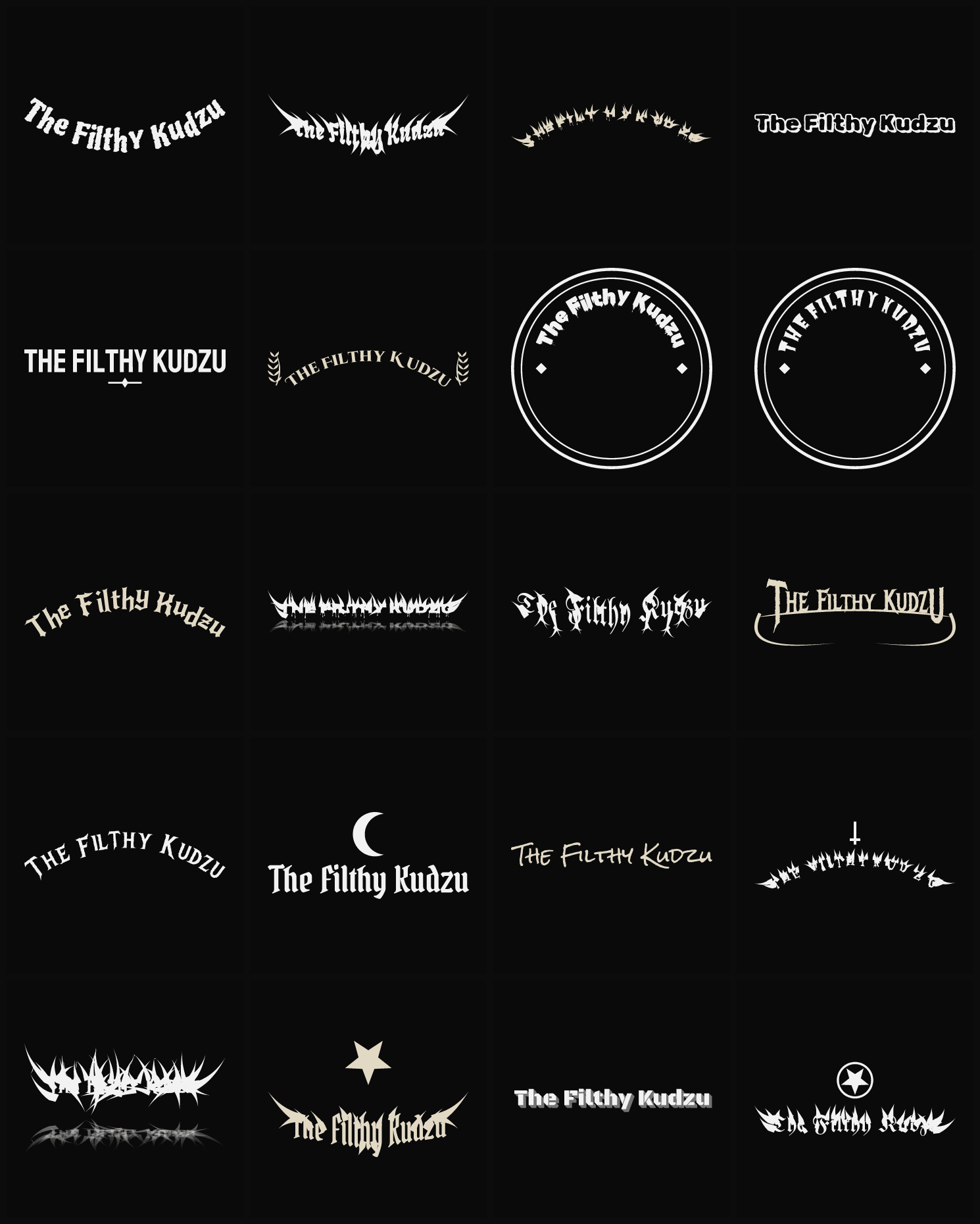 Twenty The Filthy Kudzu band logo ideas — different faces, treatments and spike settings