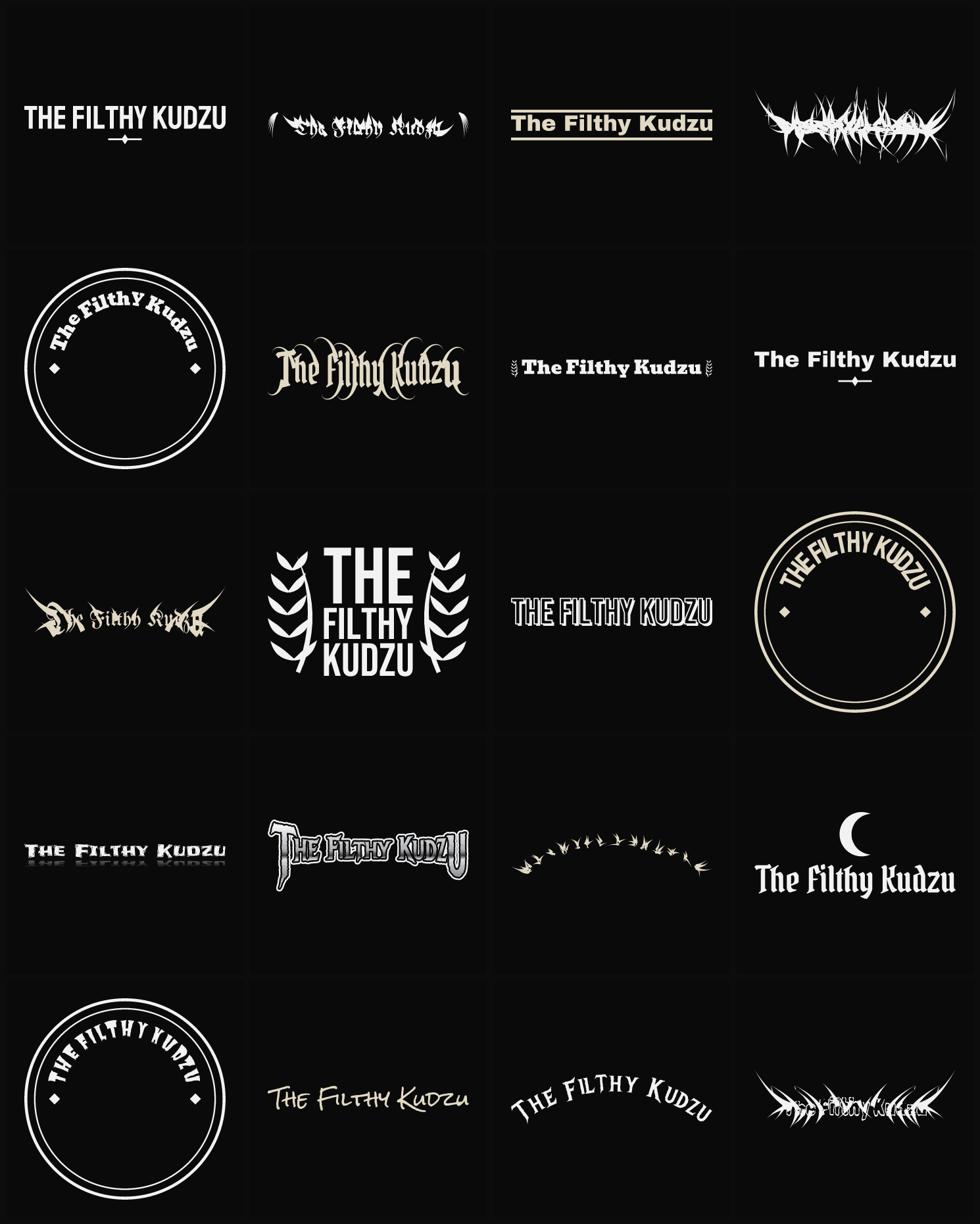 Twenty The Filthy Kudzu band logo ideas — different faces, treatments and spike settings