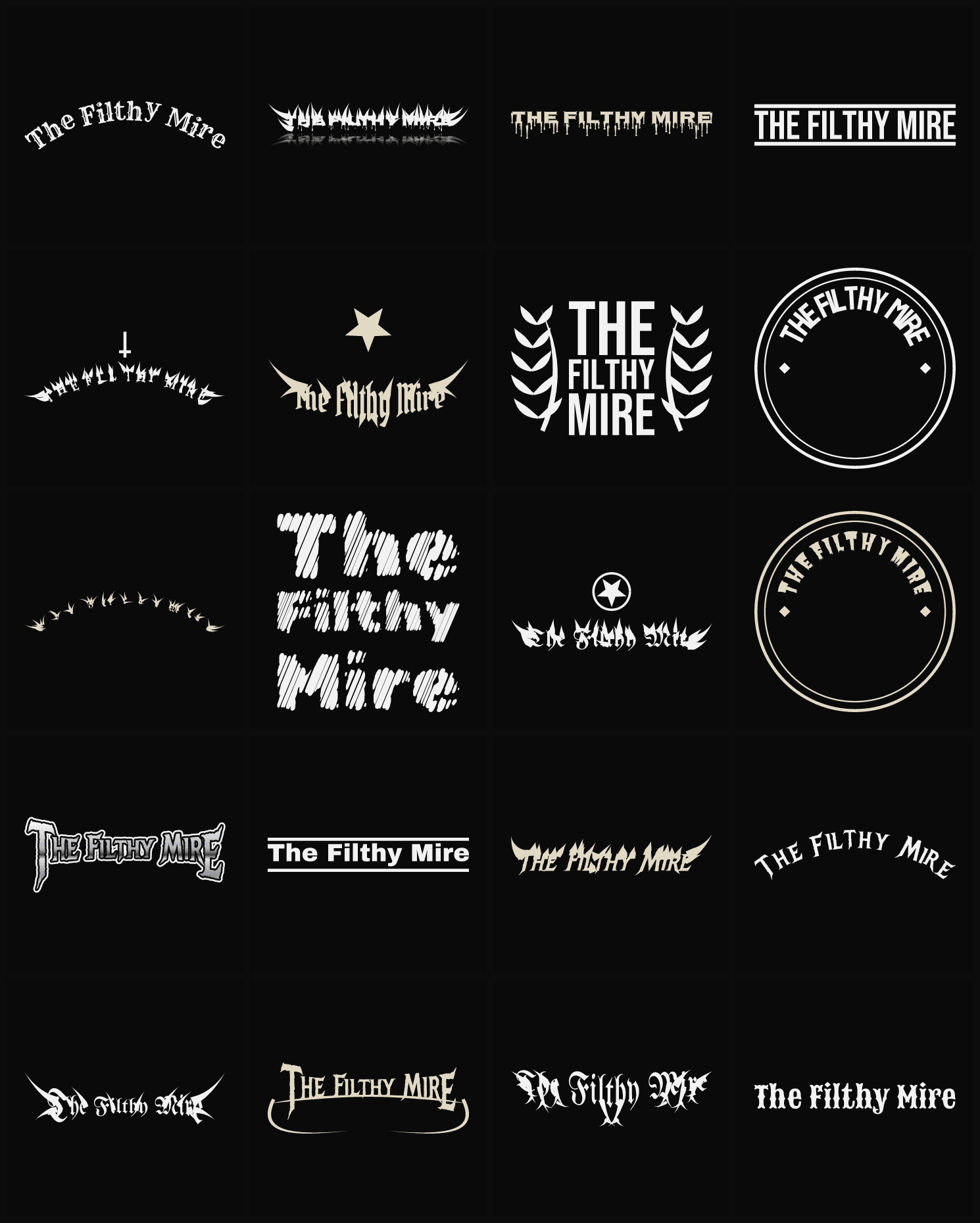 Twenty The Filthy Mire band logo ideas — different faces, treatments and spike settings