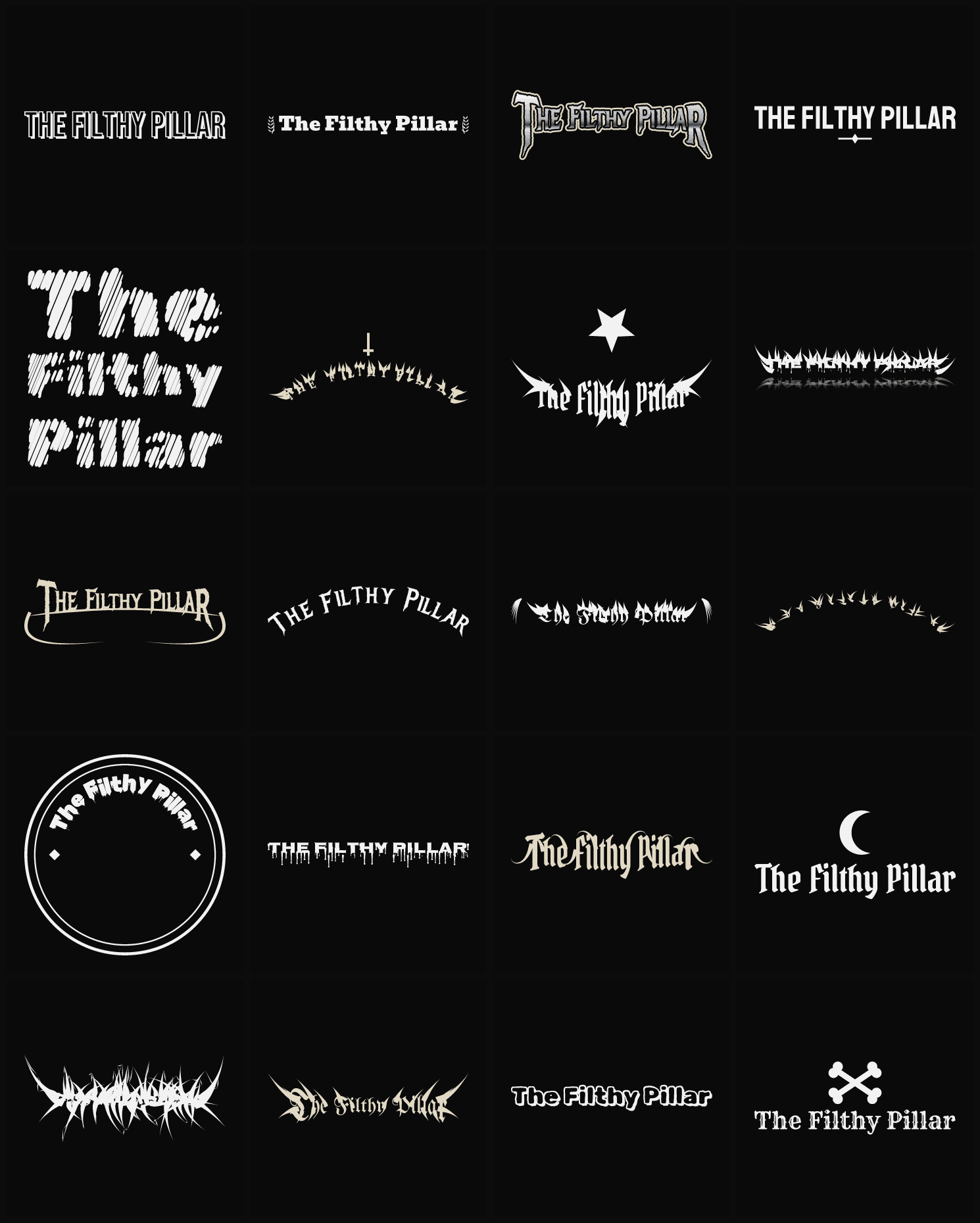 Twenty The Filthy Pillar band logo ideas — different faces, treatments and spike settings