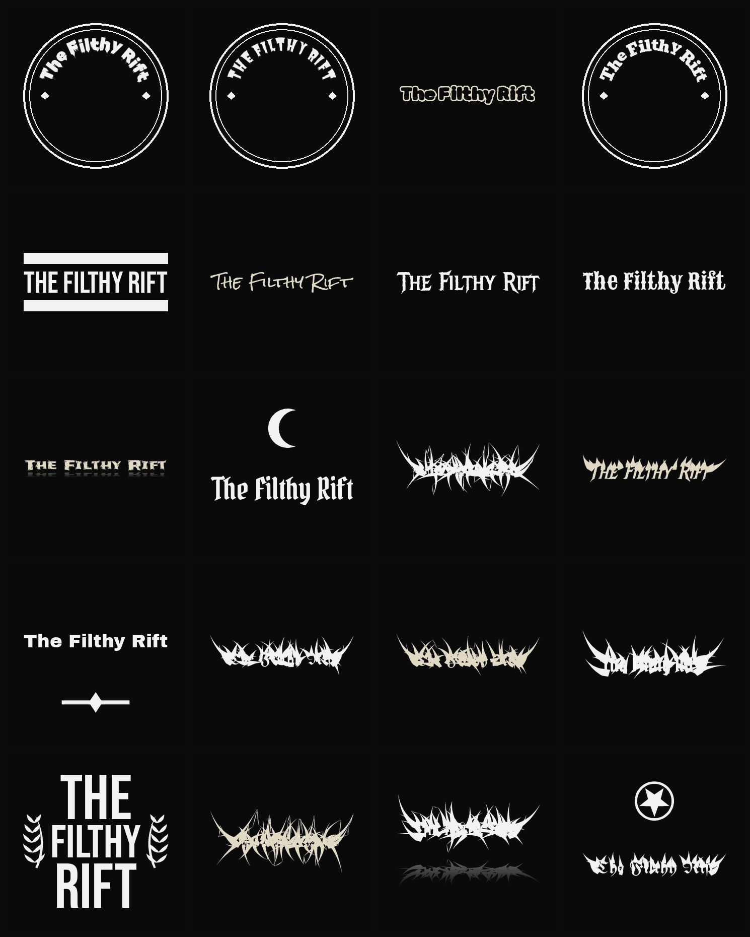 Twenty The Filthy Rift band logo ideas — different faces, treatments and spike settings