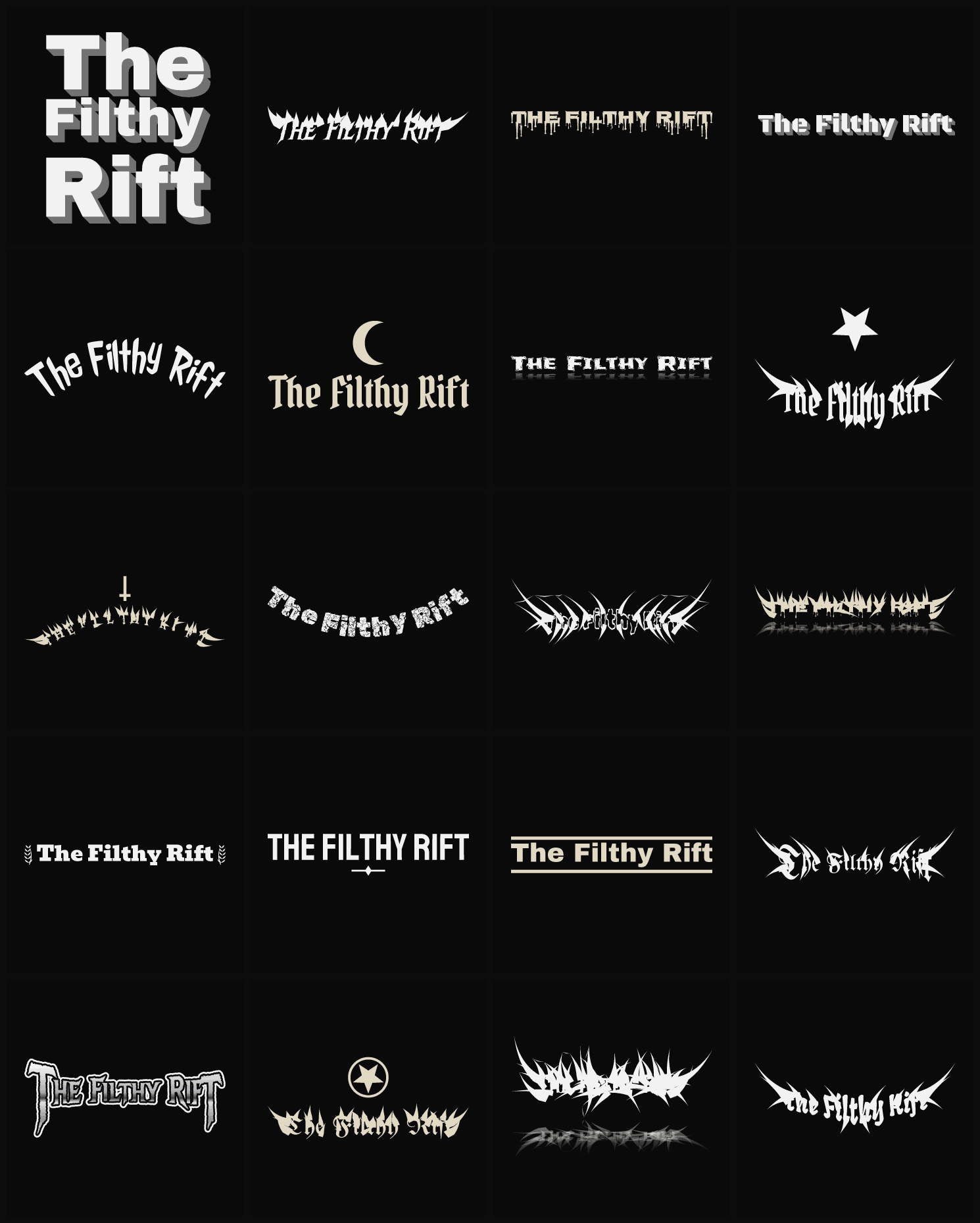 Twenty The Filthy Rift band logo ideas — different faces, treatments and spike settings