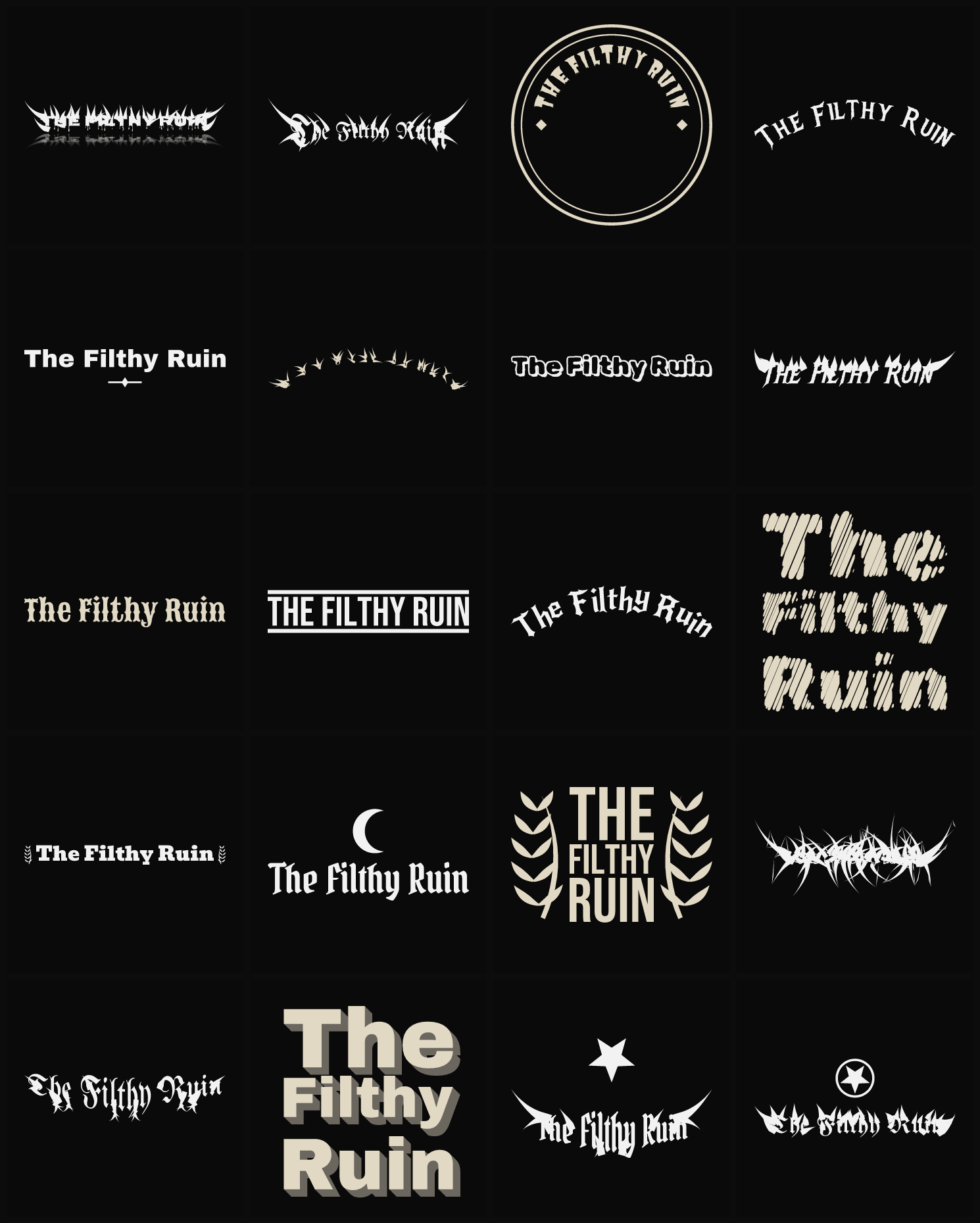 Twenty The Filthy Ruin band logo ideas — different faces, treatments and spike settings
