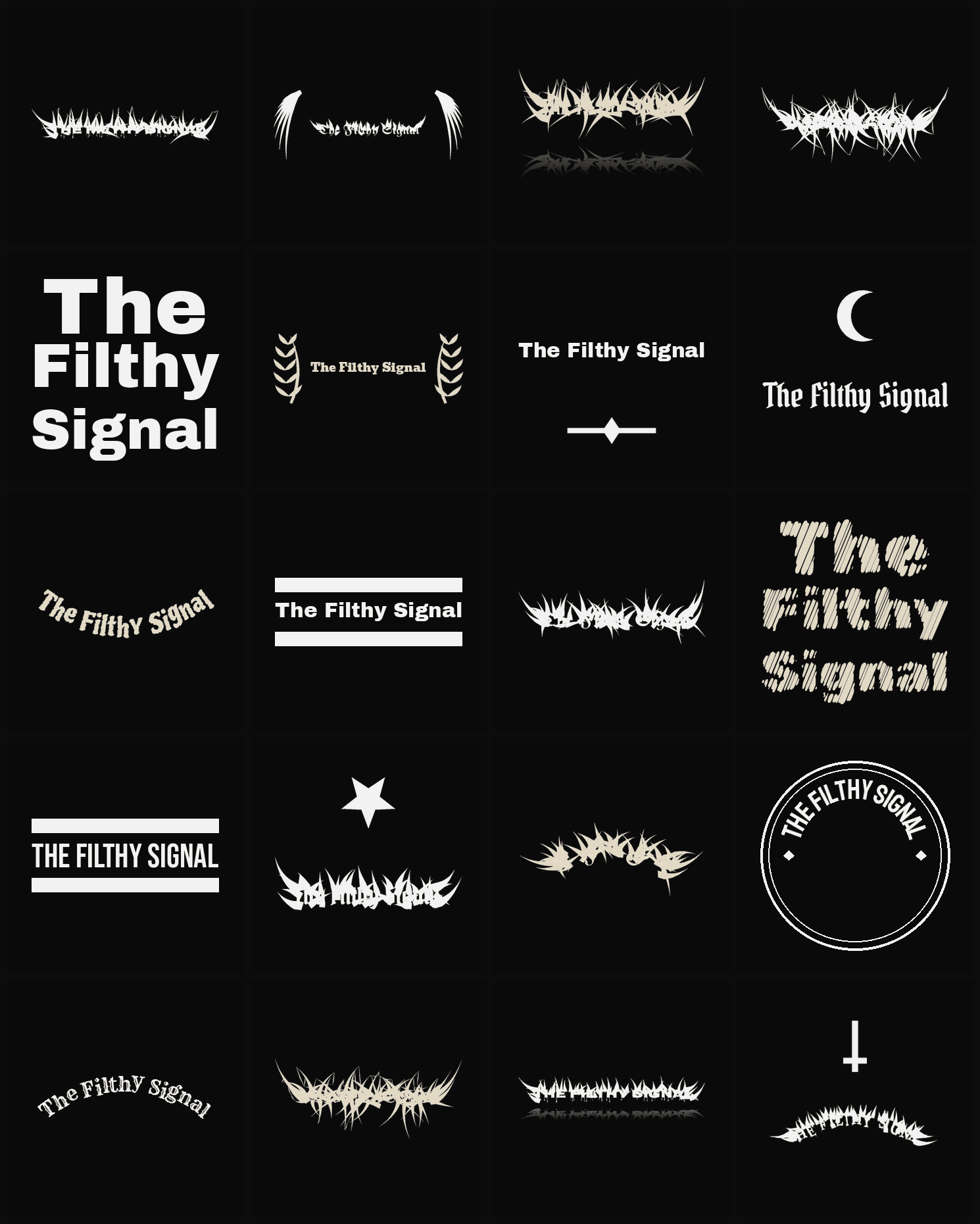 Twenty The Filthy Signal band logo ideas — different faces, treatments and spike settings