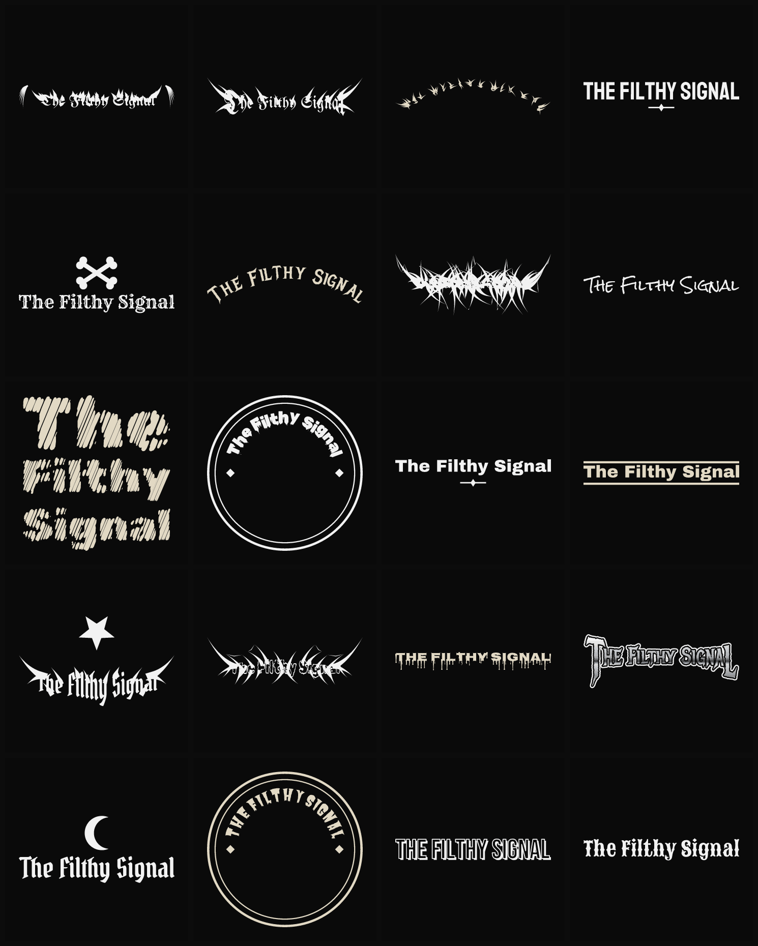Twenty The Filthy Signal band logo ideas — different faces, treatments and spike settings