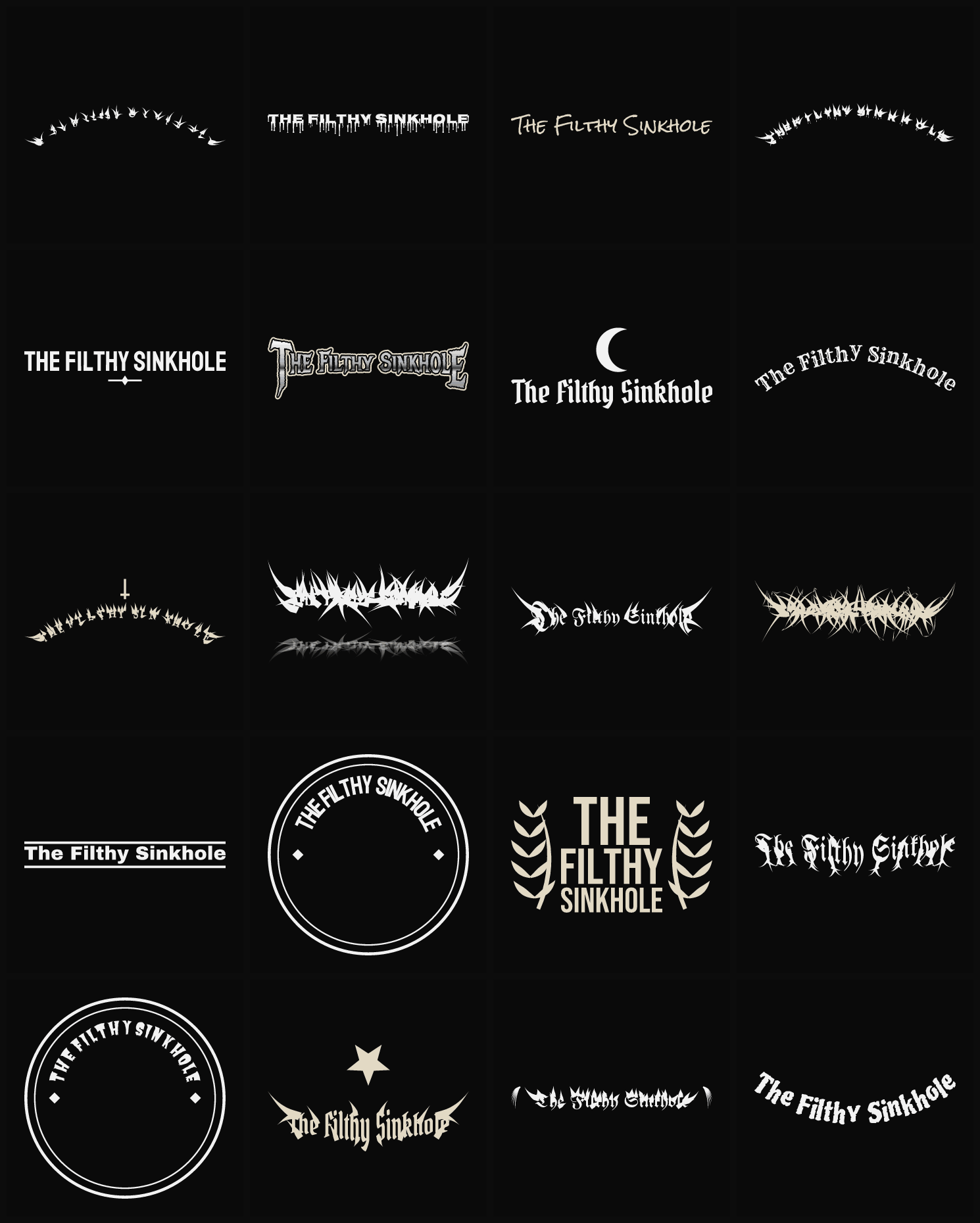 Twenty The Filthy Sinkhole band logo ideas — different faces, treatments and spike settings