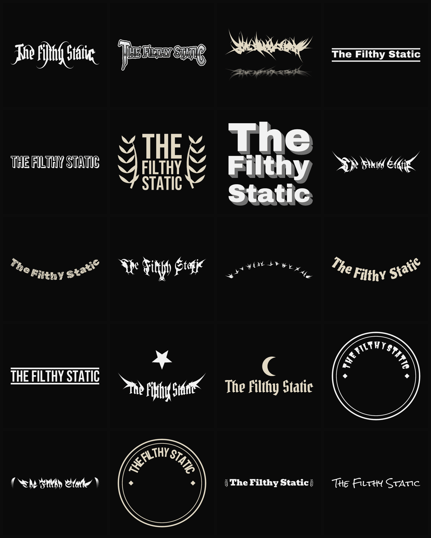 Twenty The Filthy Static band logo ideas — different faces, treatments and spike settings