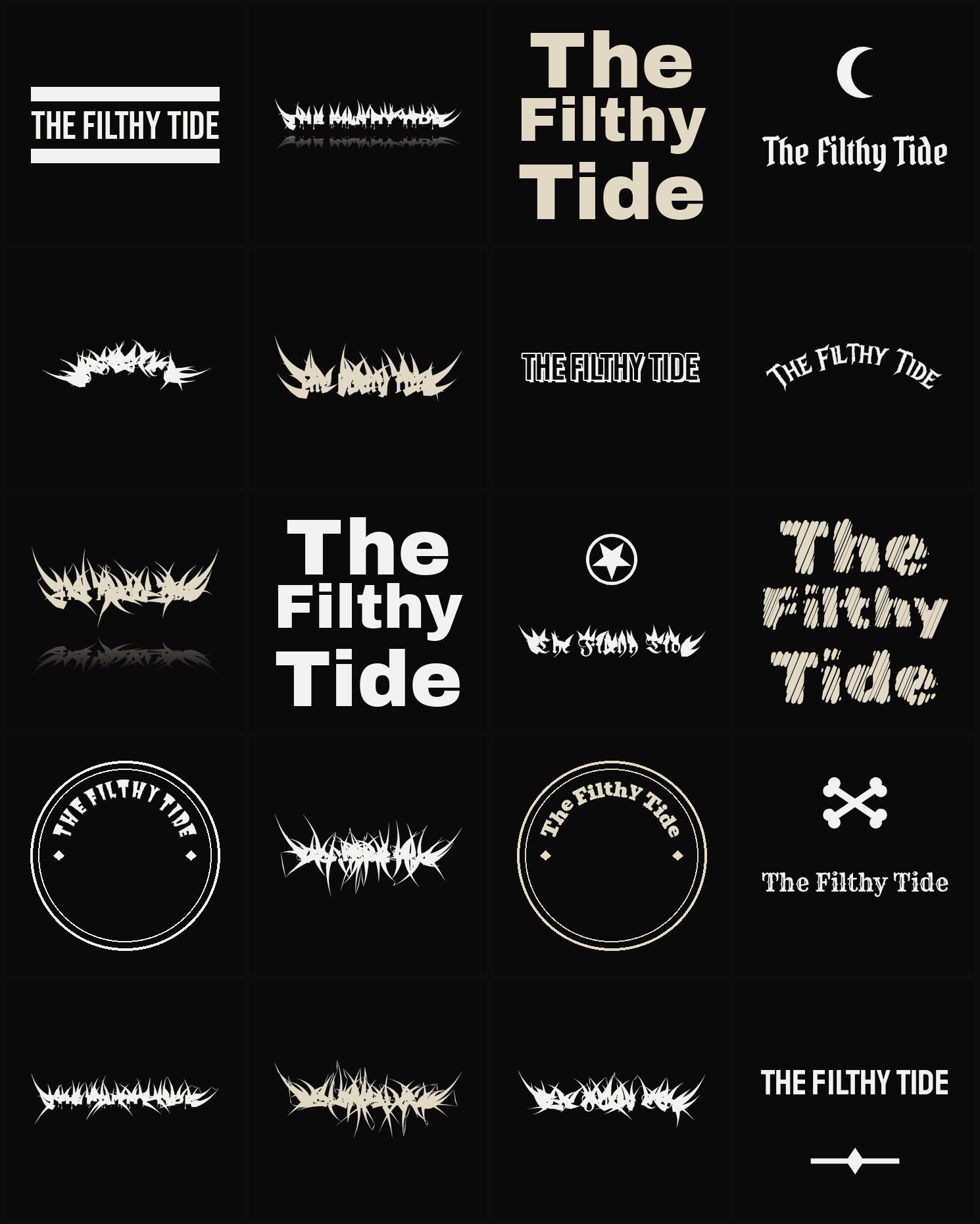 Twenty The Filthy Tide band logo ideas — different faces, treatments and spike settings