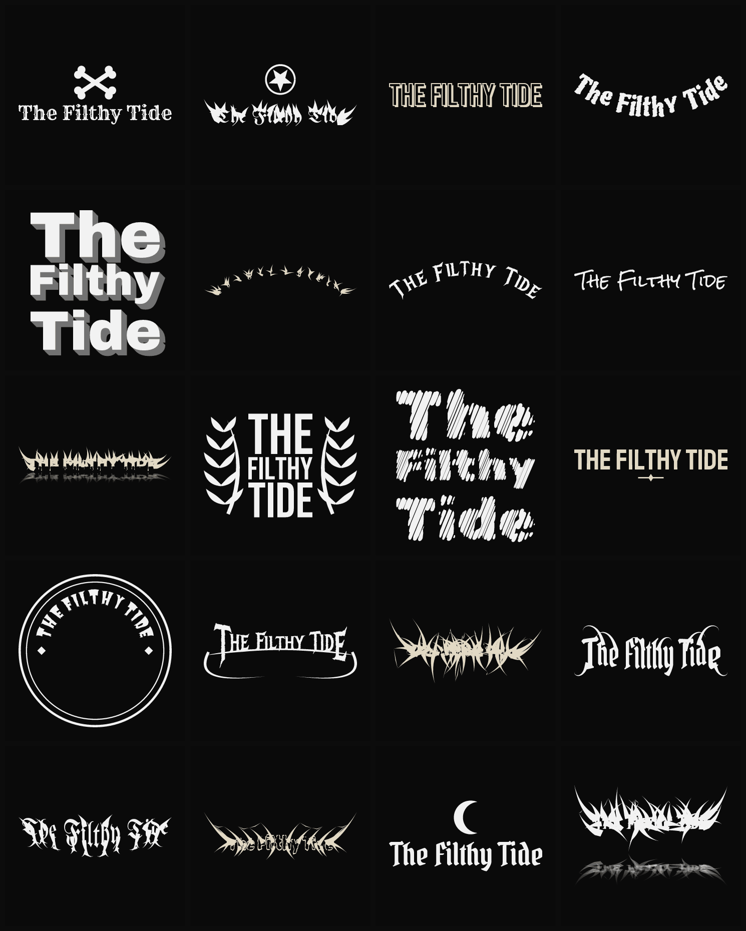 Twenty The Filthy Tide band logo ideas — different faces, treatments and spike settings